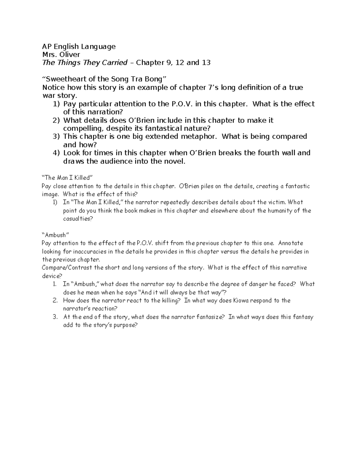 The+Things+They+Carried+chapters+9,+12+and+13.doc - AP English Language ...