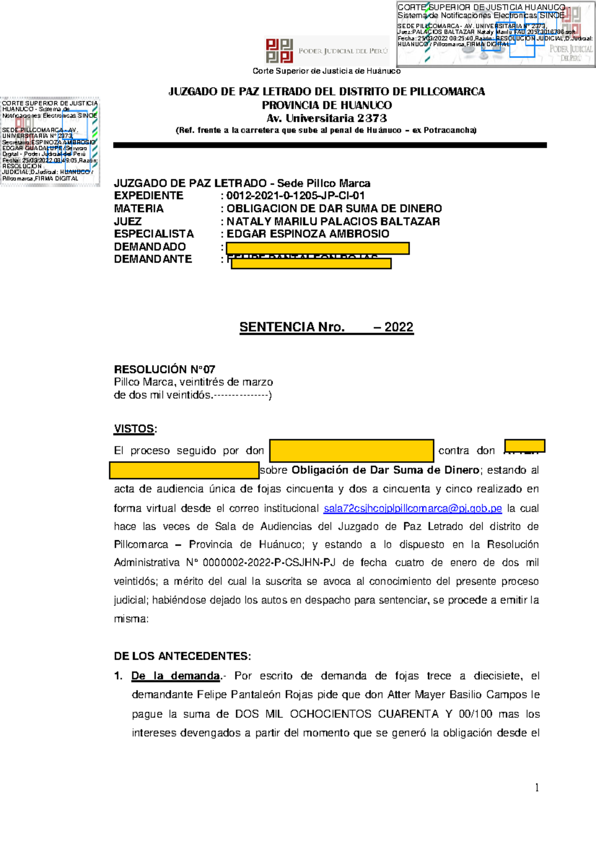 Sentencia EN CASO Civil - Corte Superior de Justicia de Huánuco JUZGADO ...