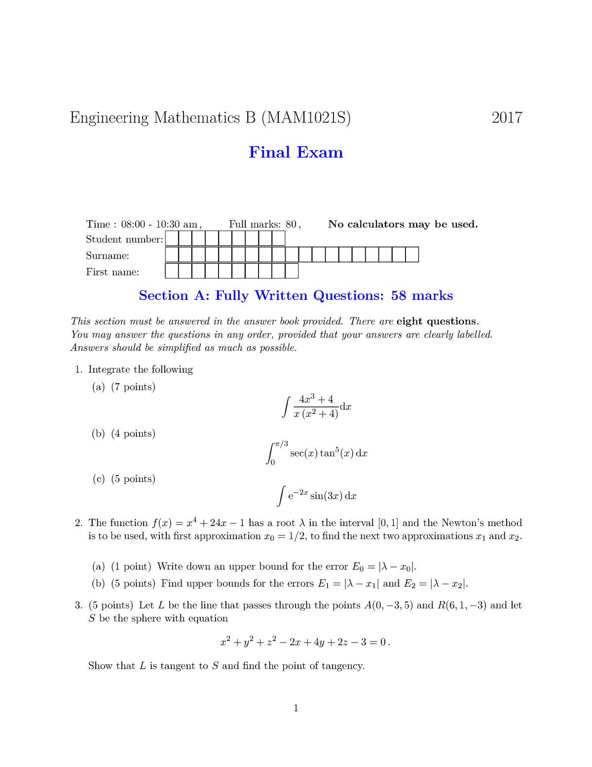 MAM1021S Final Exam 2017 With Solutions 1 - Engineering Mathematics B ...