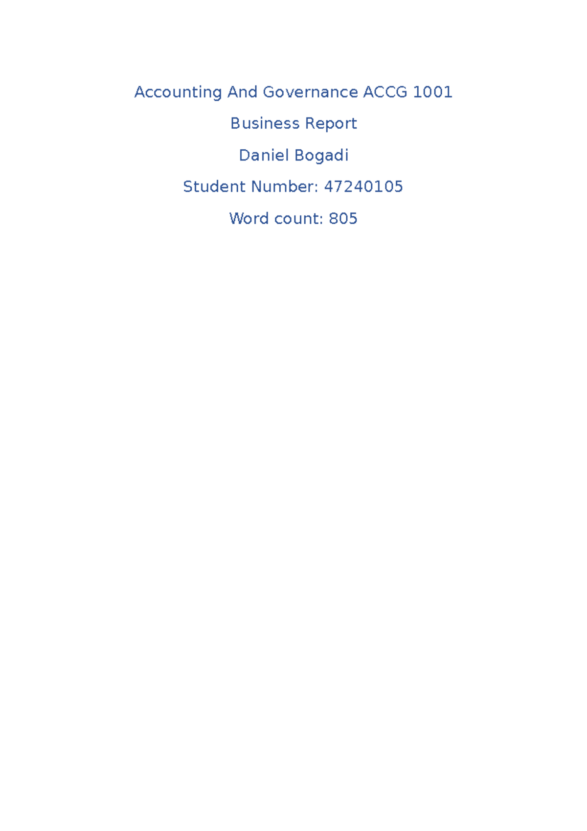 ACCG 1001 Assignment - Accounting And Governance ACCG 1001 Business ...