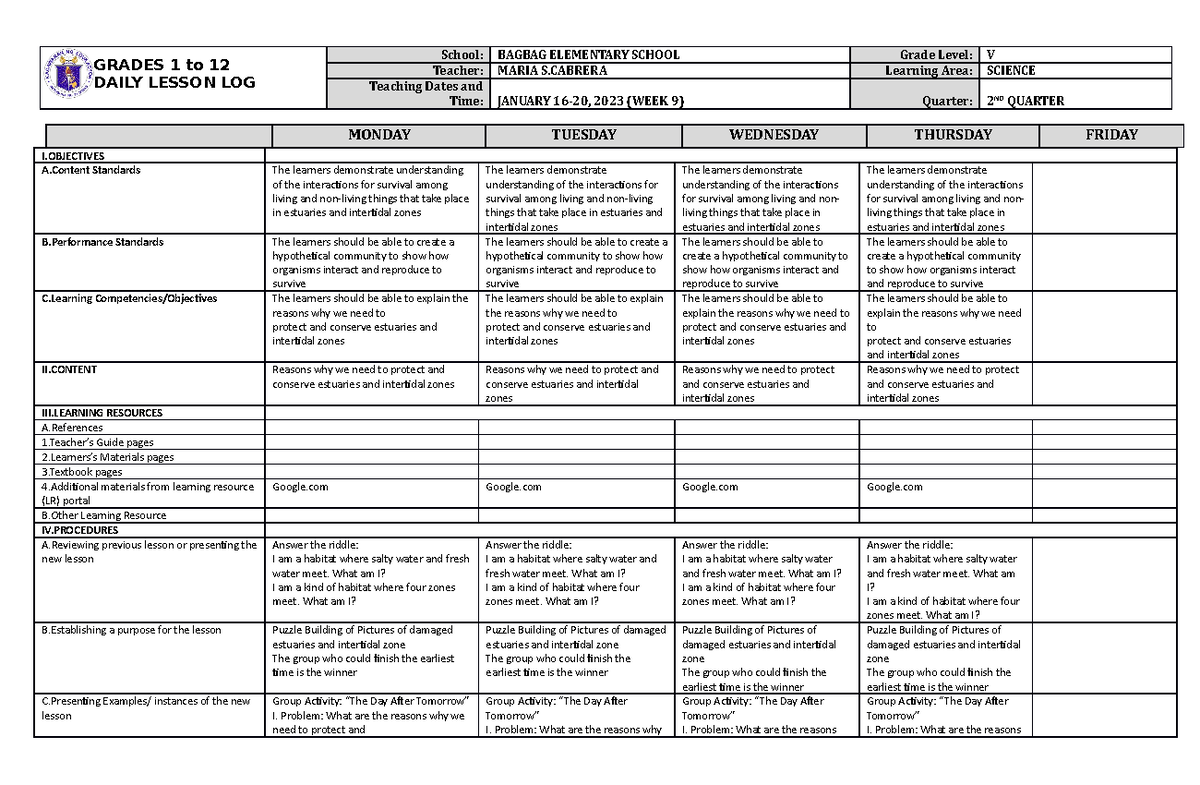 Dll Science 5 Q2 W9 Dll Grades 1 To 12 Daily Lesson Log School