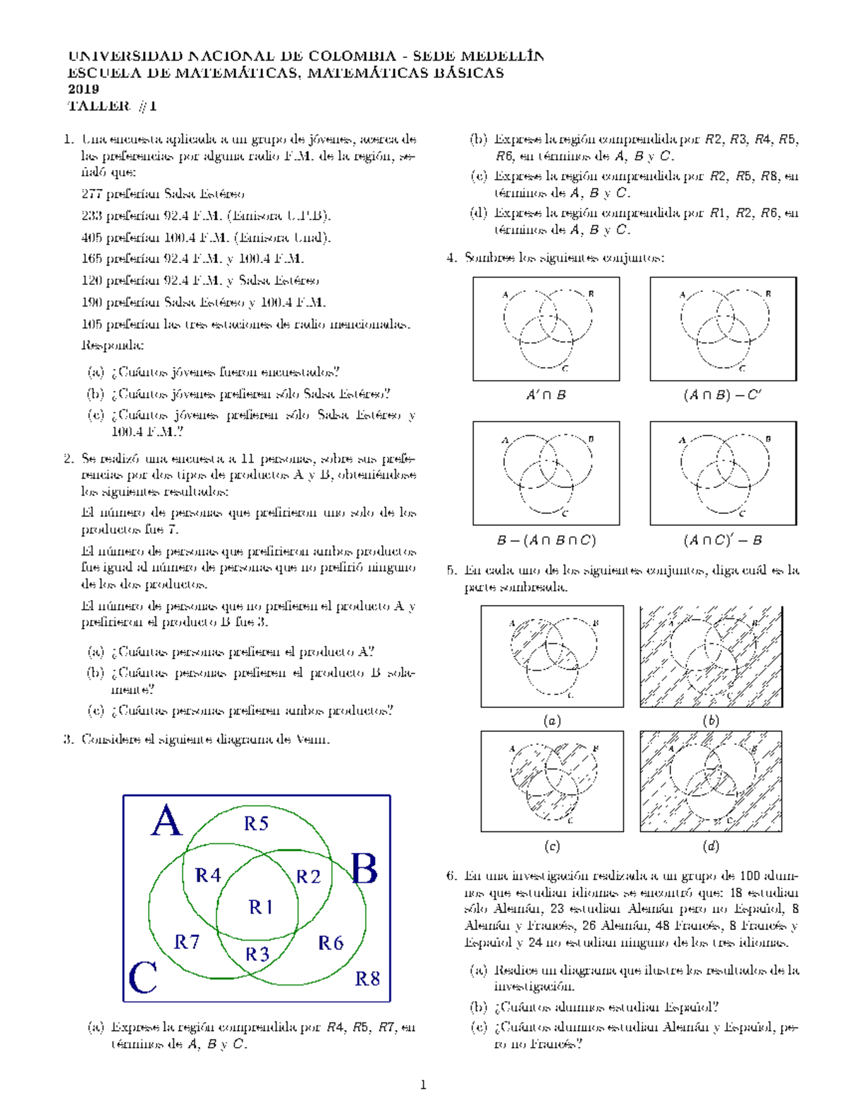 Taller 01 2019 basicas UNIVERSIDAD NACIONAL DE COLOMBIA SEDE ESCUELA DE 2019 TALLER (b Taller 01 2019 basicas UNIVERSIDAD NACIONAL DE COLOMBIA SEDE ESCUELA DE 2019 TALLER (b