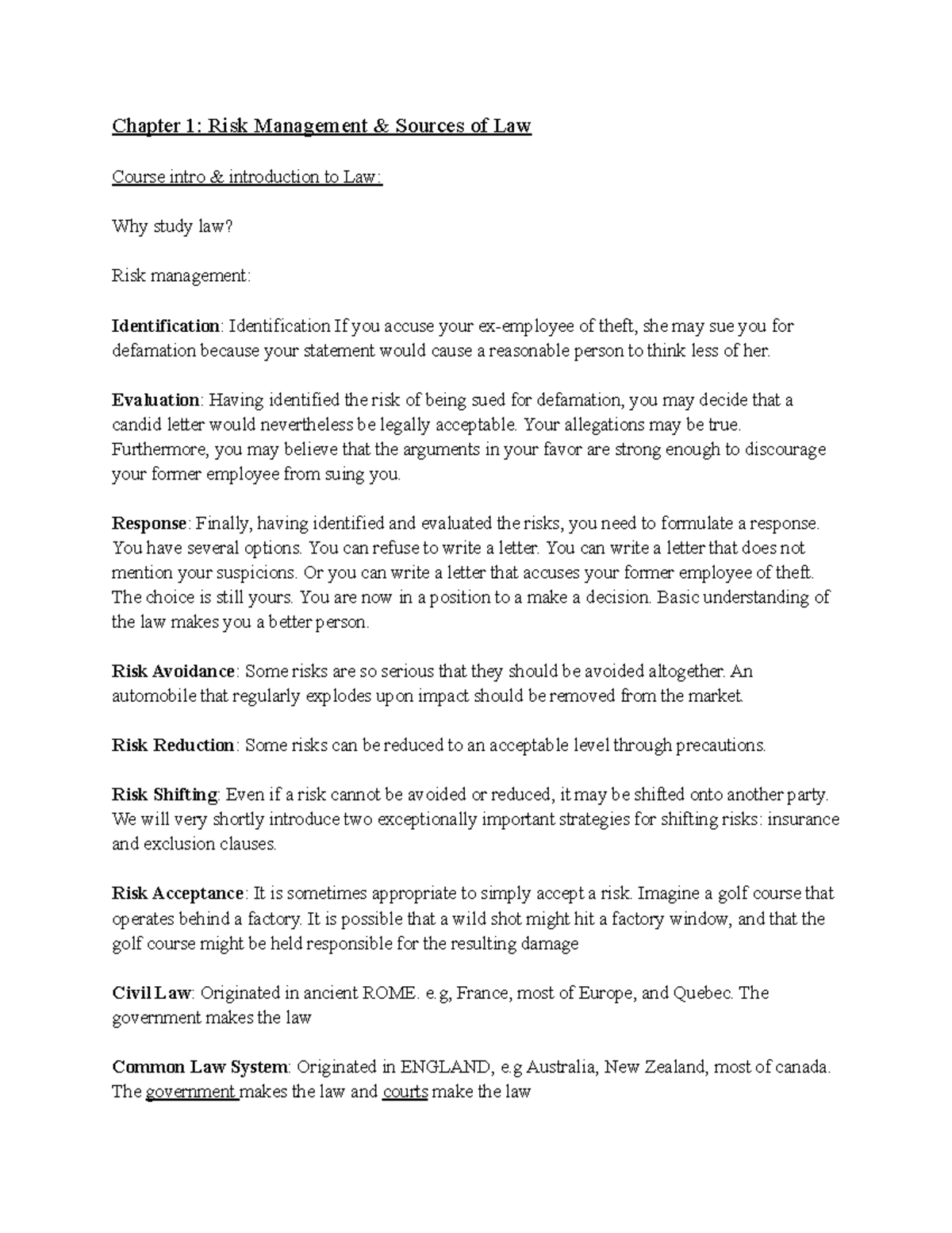 Law Midterm Exam Notes - Professor Linsmor - Chapter 1: Risk Management ...