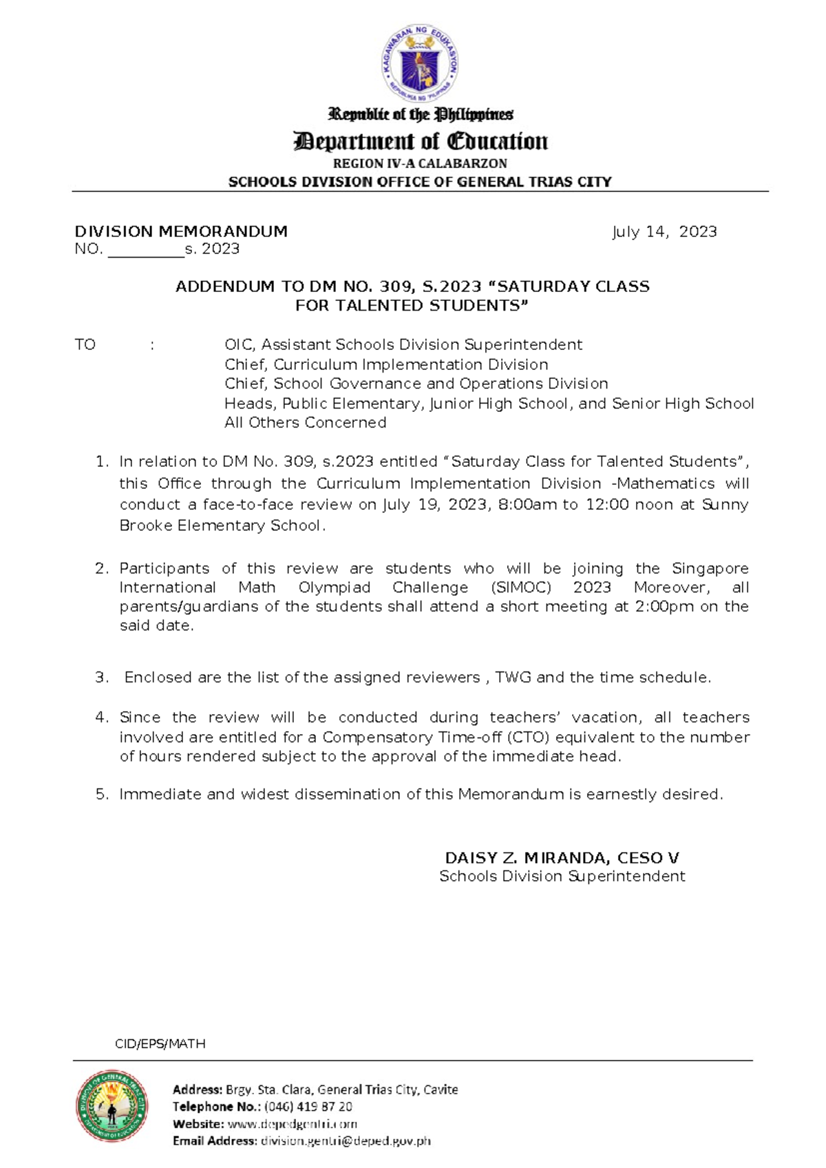 Addendum sat class cid eps math division memorandum july 14 2023 no