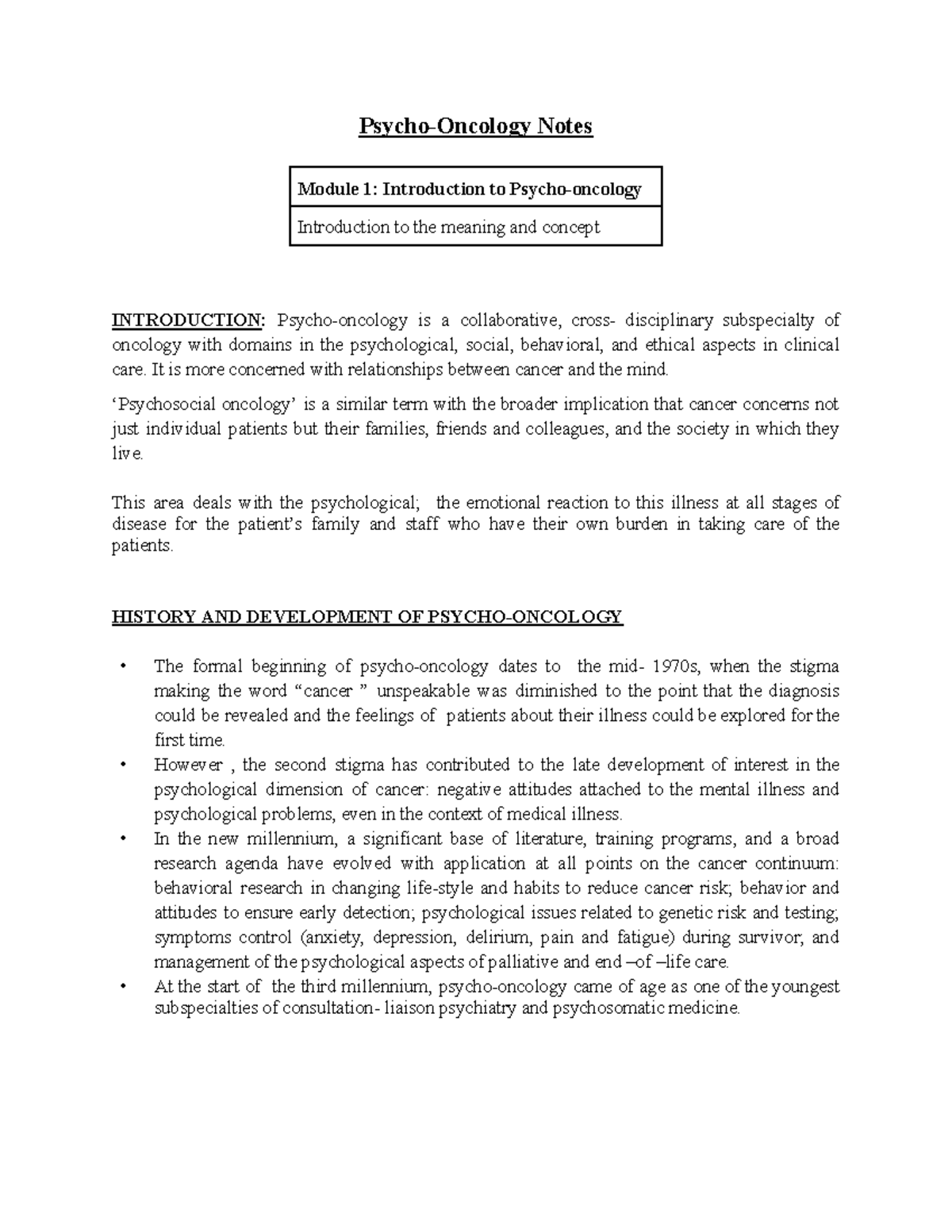 Psycho-oncology notes - Psycho-Oncology Notes Module 1: Introduction to ...