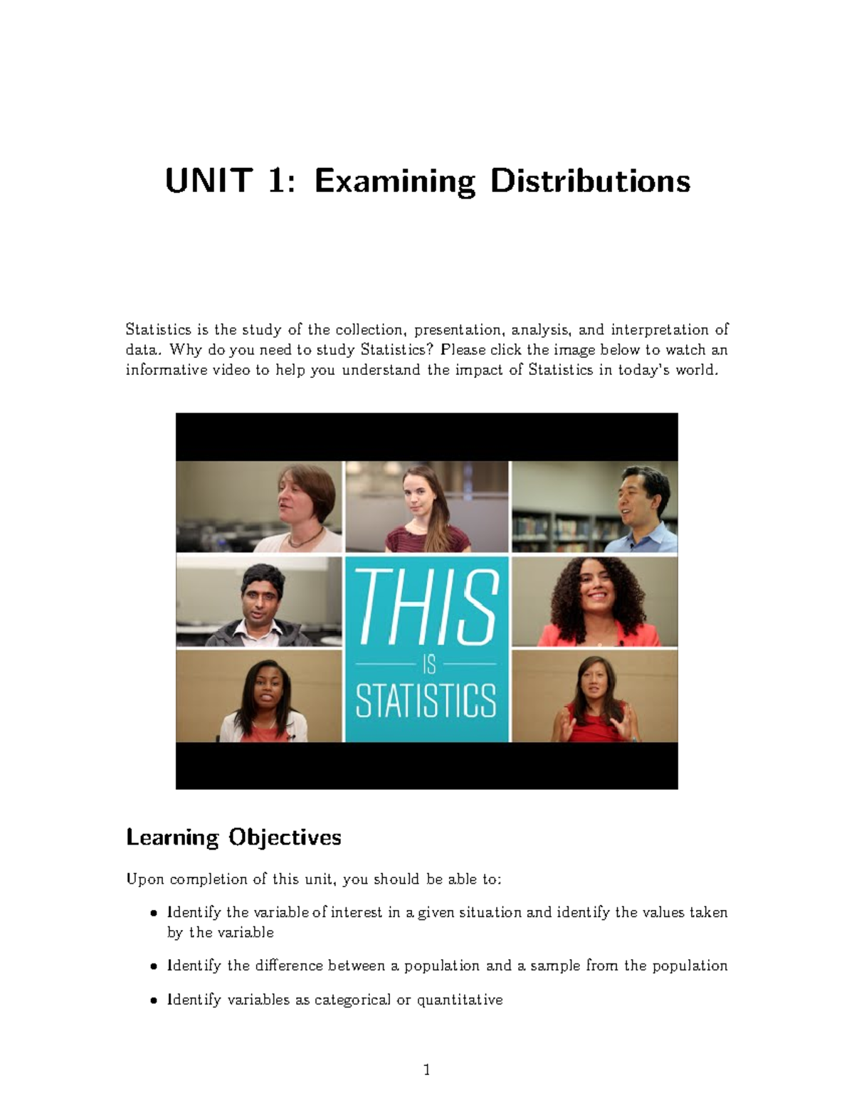 Unit 1 Notes - UNIT 1: Examining Distributions Statistics Is The Study ...