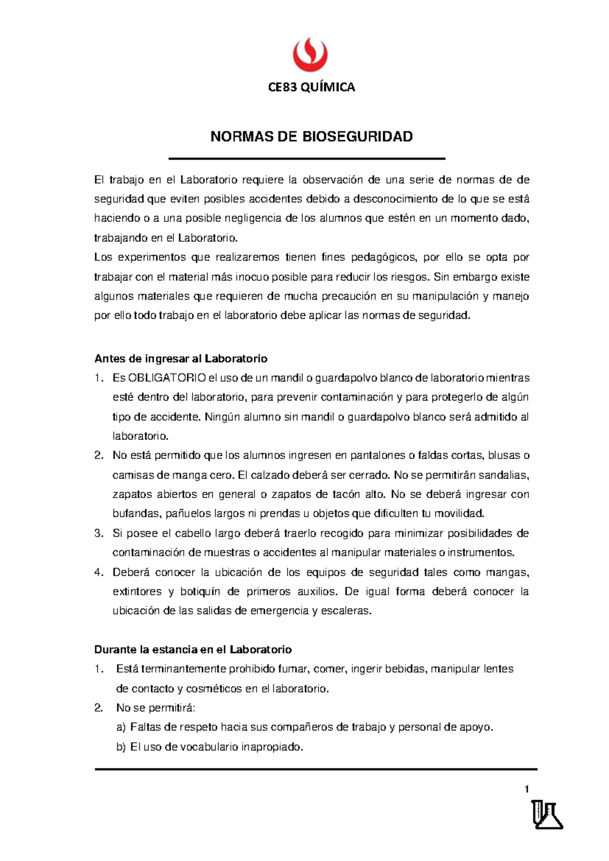 CE83 Normas de Seguridad - CE83 QUÍMICA NORMAS DE BIOSEGURIDAD El ...