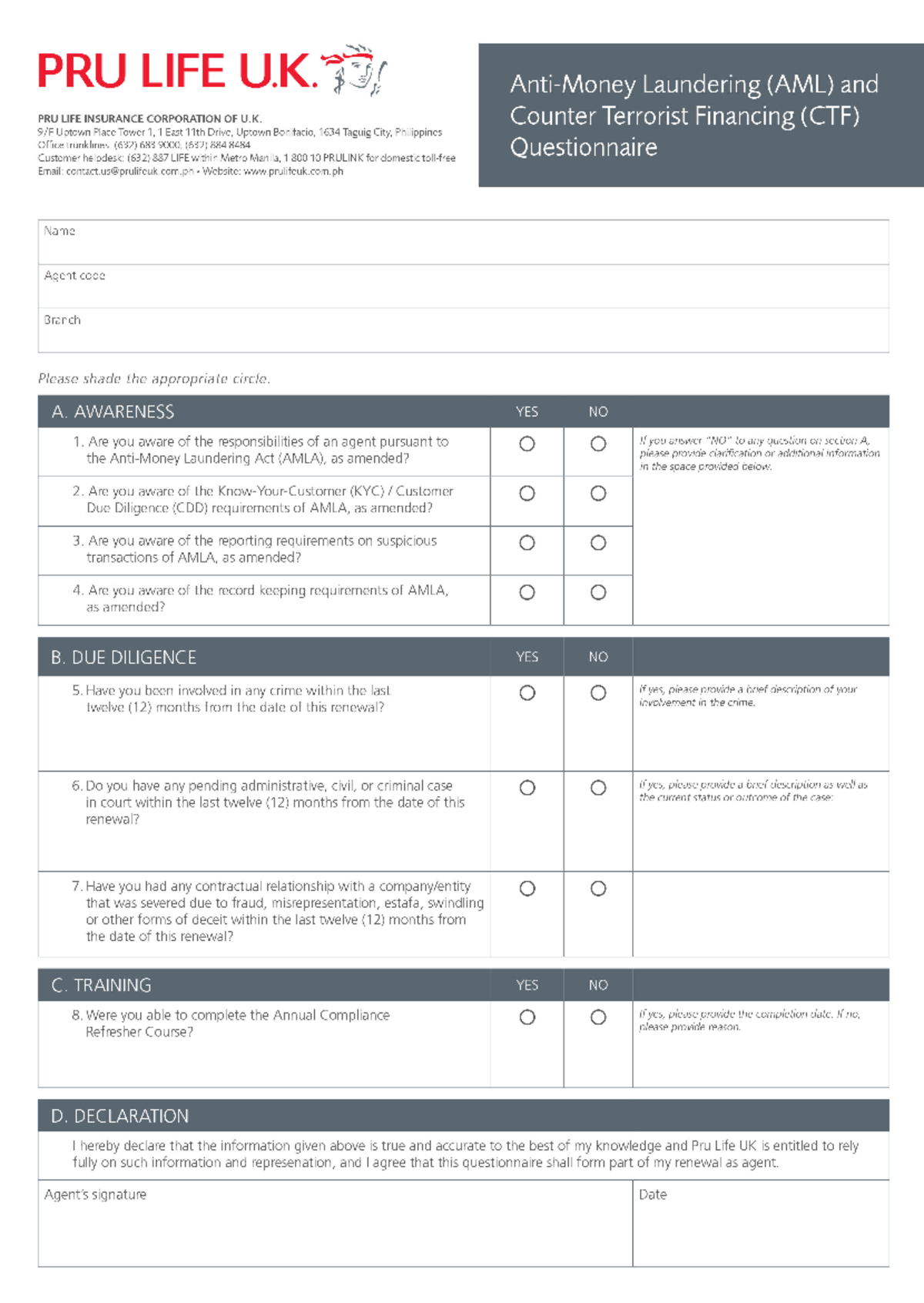 AML and CTF Questionaire for Renewing Agents - Bs Architecture - Studocu