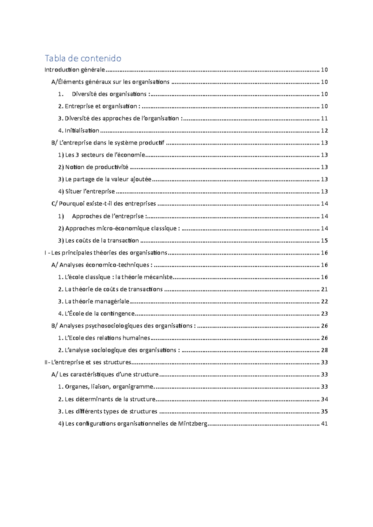 Introduction de la gestion et au management - Tabla de contenido ...