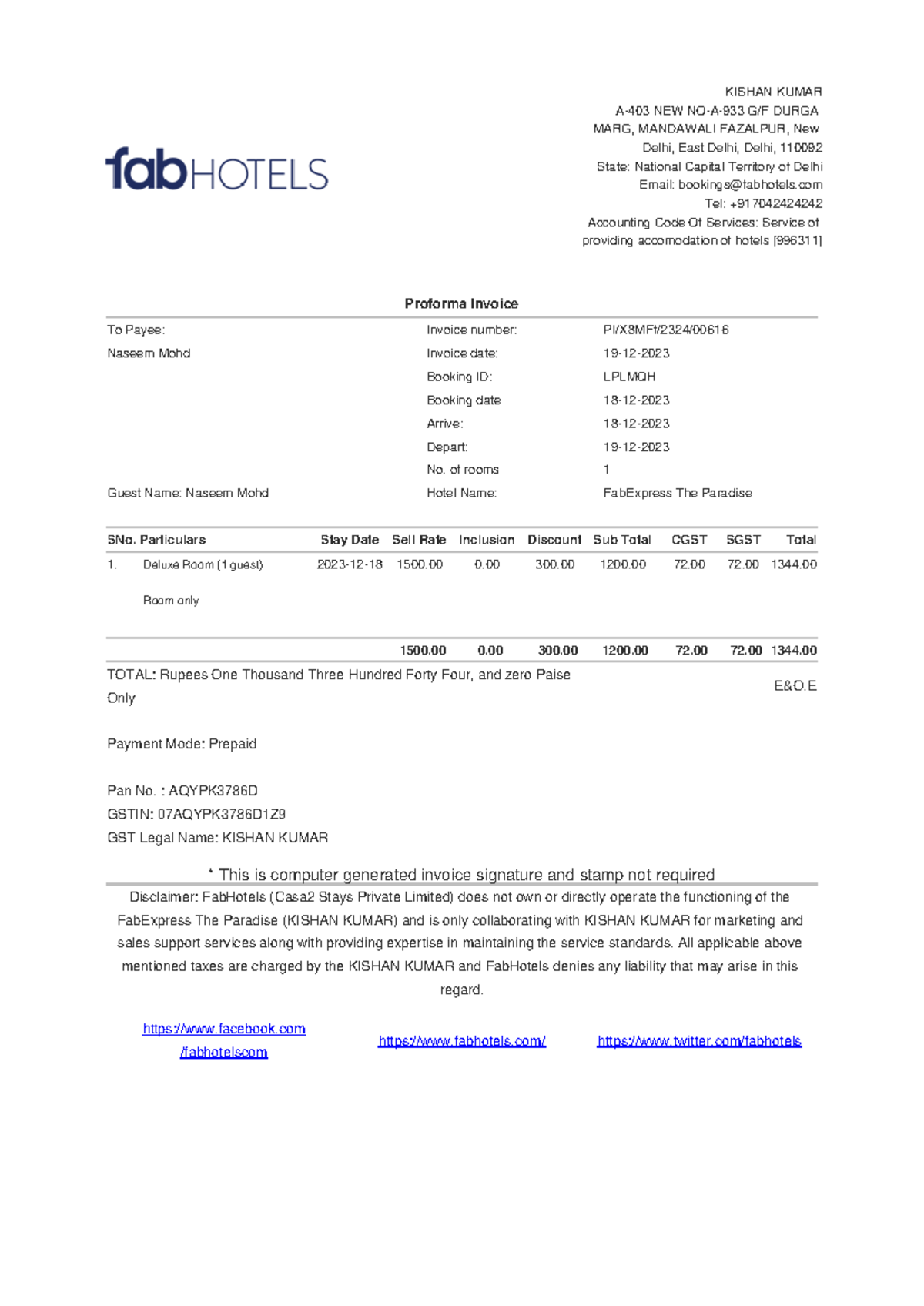 Fab Hotels PI X8MFf 2324 00616 Invoice Lplmqh - Proforma Invoice * This ...
