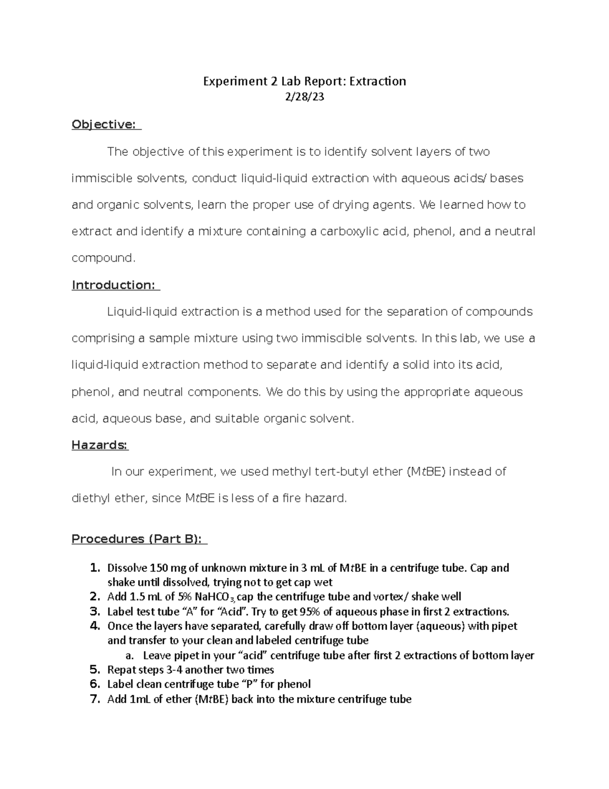 Experiment 2 Lab Report - Experiment 2 Lab Report: Extraction 2/28 ...