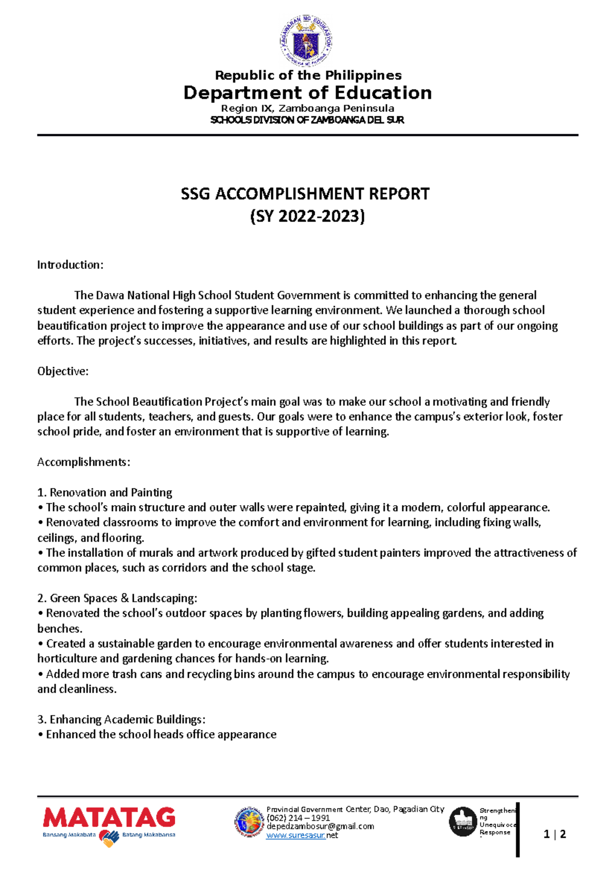 SSG Accomplishment Report - Republic of the Philippines Department of ...