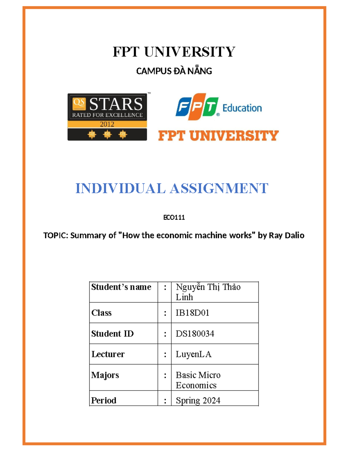 ECO111 - ESSAY Financial Plan - FPT UNIVERSITY CAMPUS ĐÀ NẴNG ...