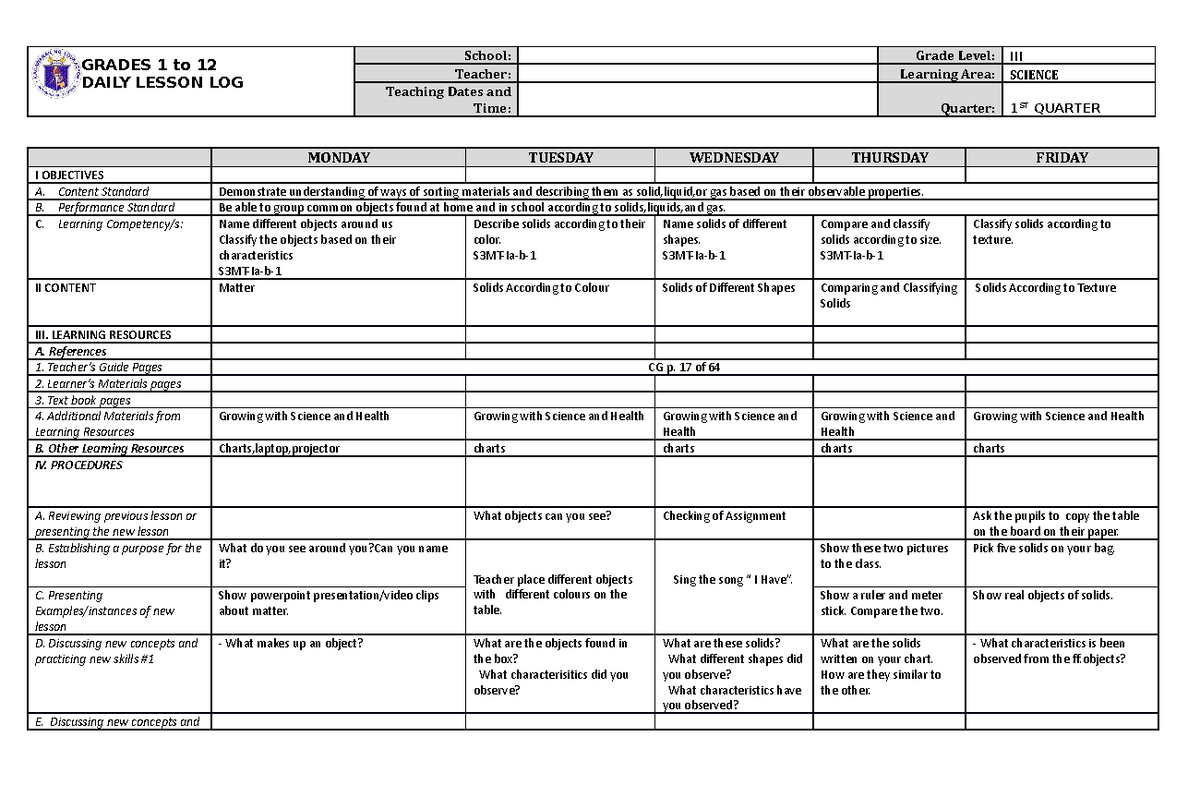 DLL Science 3 Q1 W1 - lESSON PLAN IN SCIENCW 3 - GRADES 1 to 12 DAILY ...