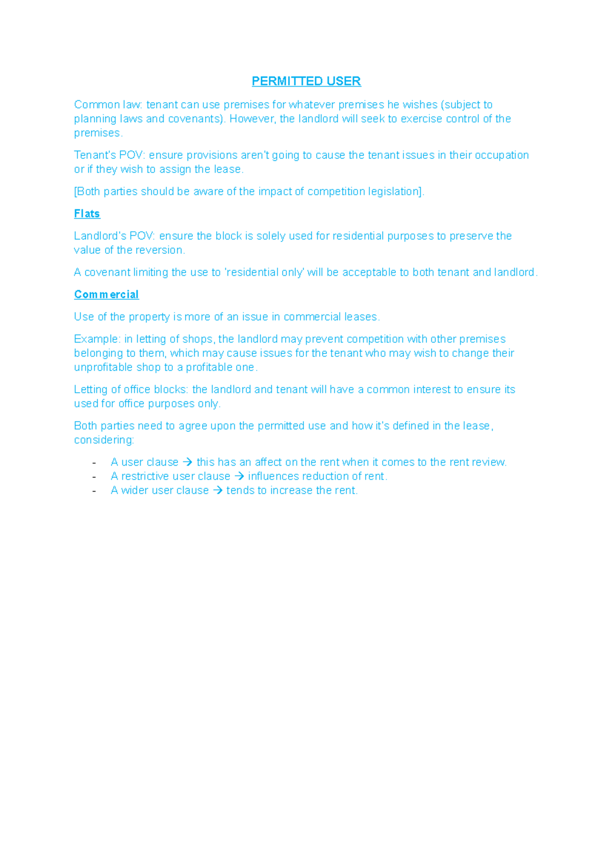 Permitted USER - notes - Summary - PERMITTED USER Common law: tenant ...
