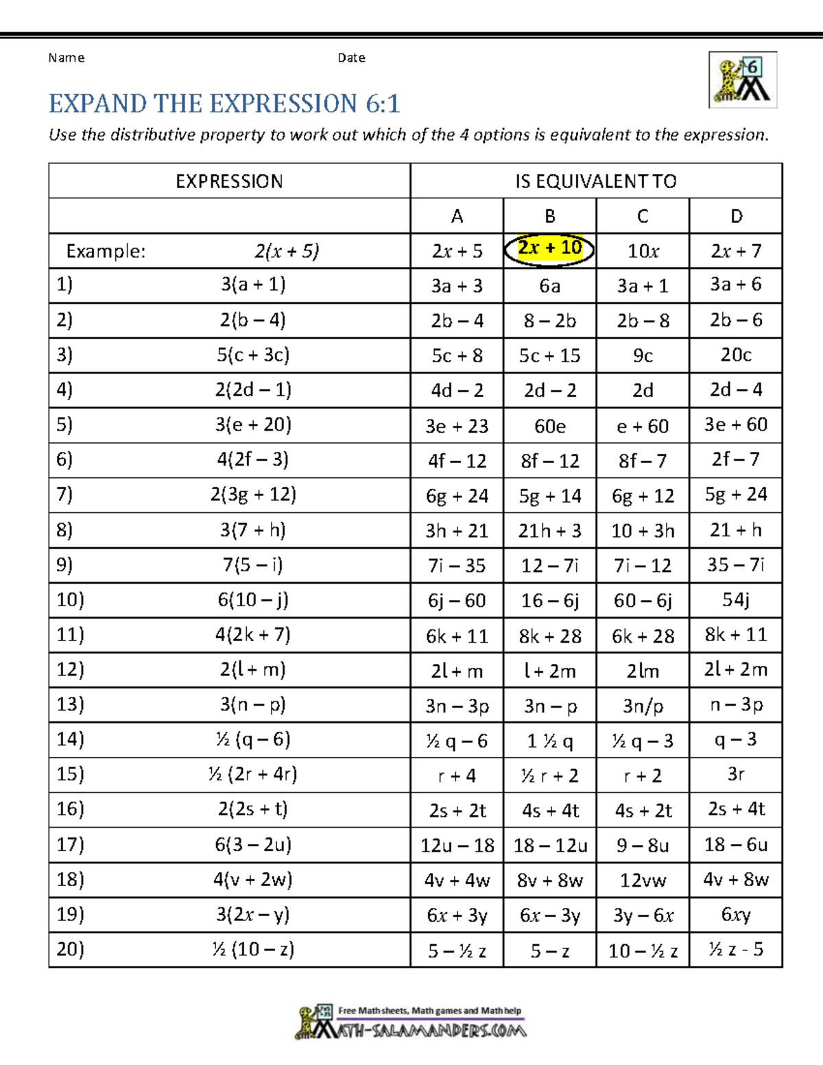 Expand the expression 6 1 - Name Date EXPAND THE EXPRESSION 6: Use the ...