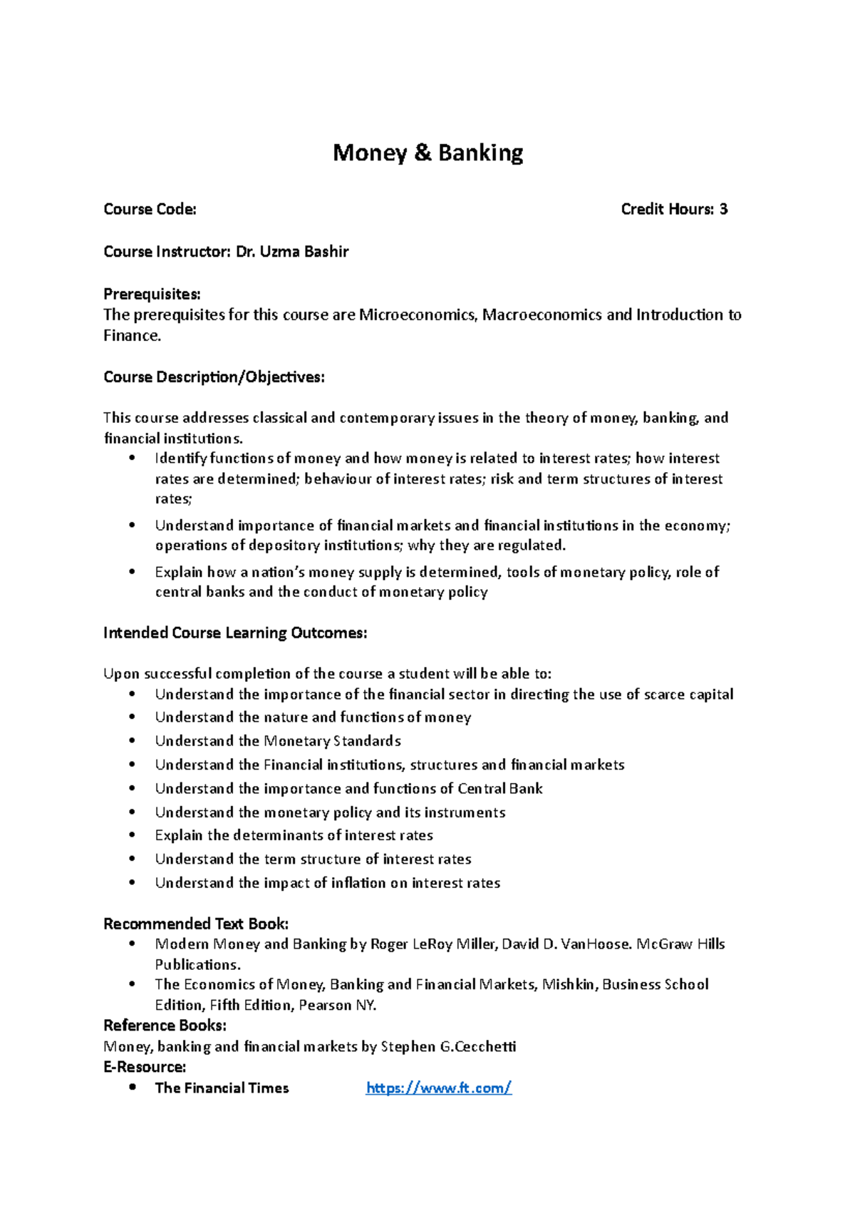 Course Outline Money and Banking Money & Banking Course Code Credit