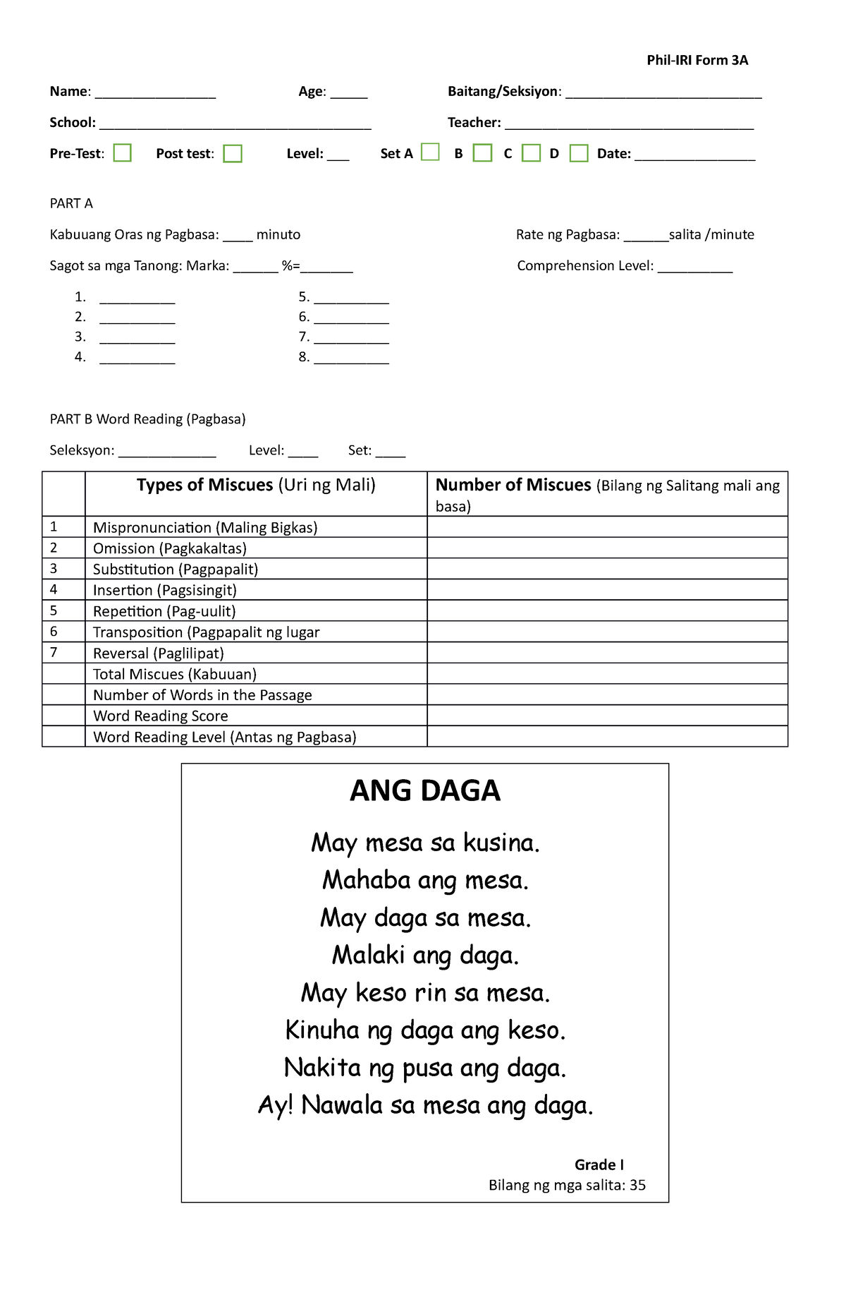 FORM Individual PHIL IRI Passage A PRE TEST Phil IRI Form 3A Name 