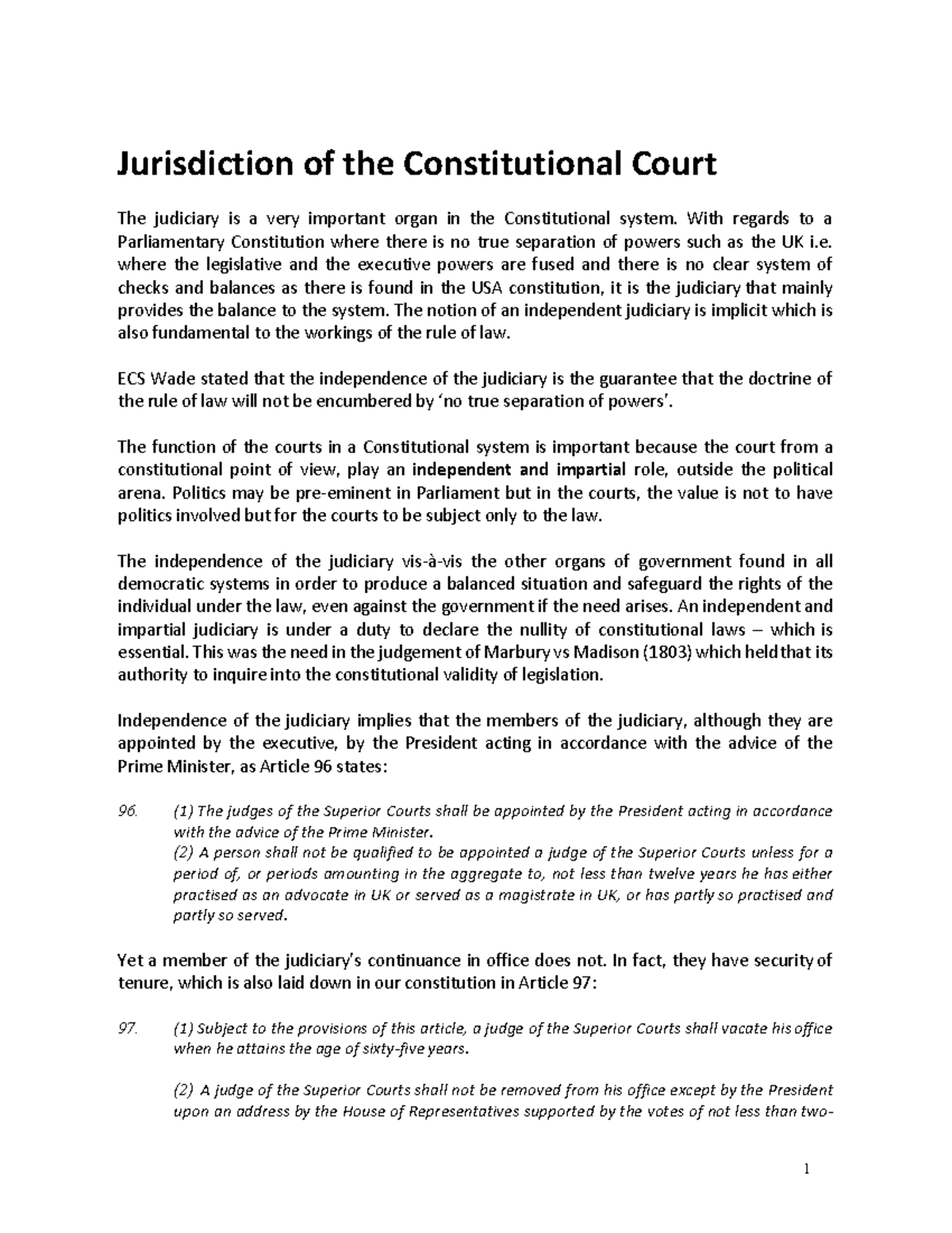 Jurisdiction of the Constitutional Court With regards to a