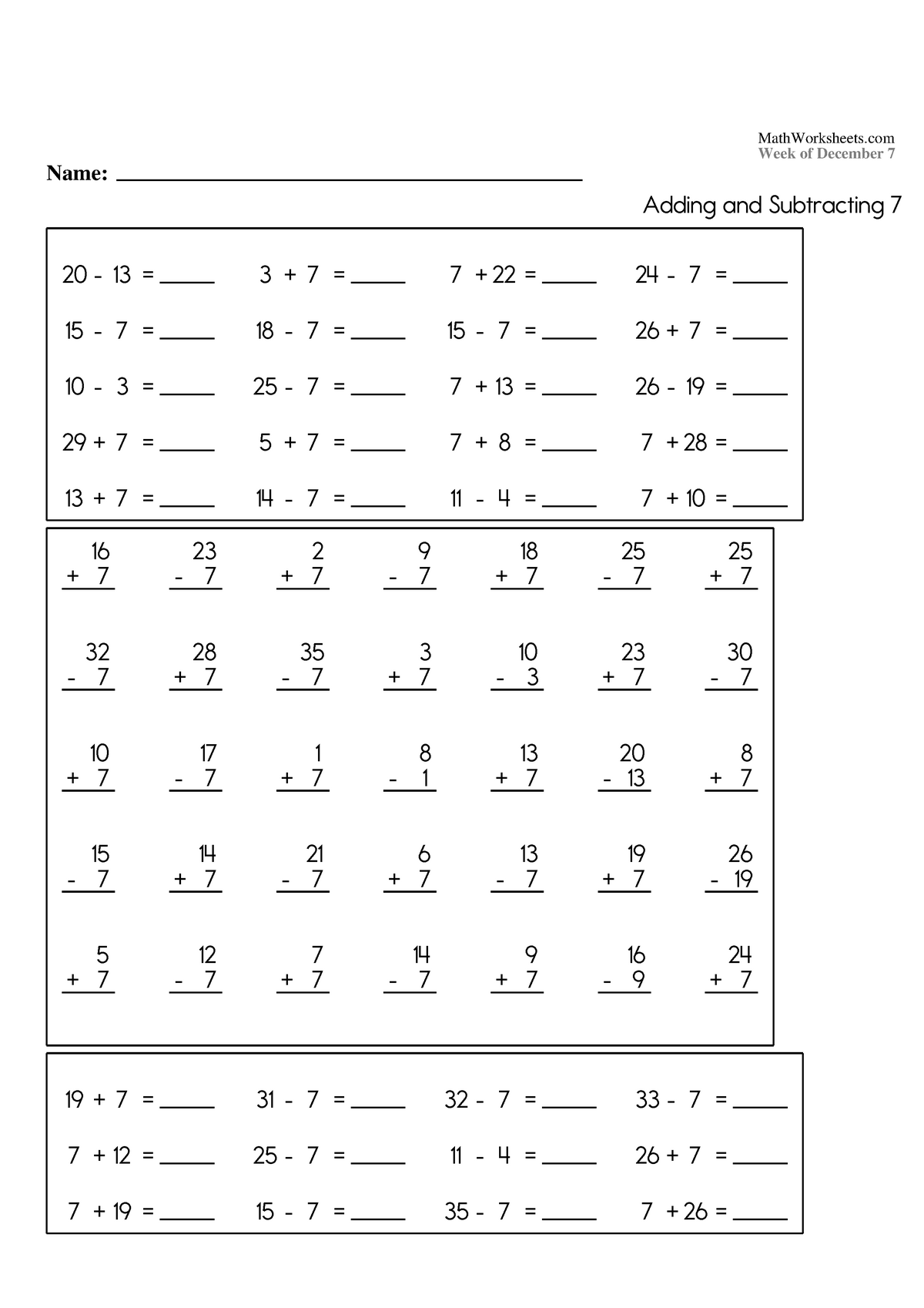 Math Worksheets Grade 3 12 7 - Name: Week of December 7 $GGLQJ DQG ...