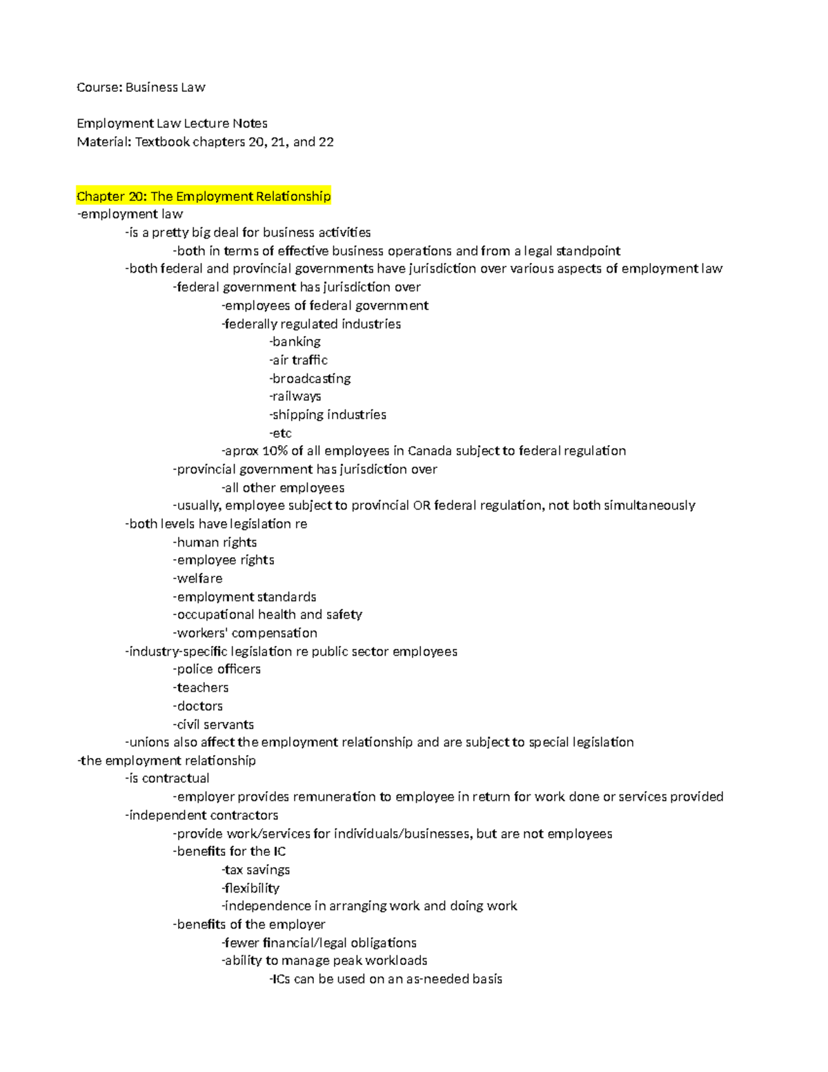 chapters 20, 21, and 22 Notes Employment Law Notes - Course: Business ...