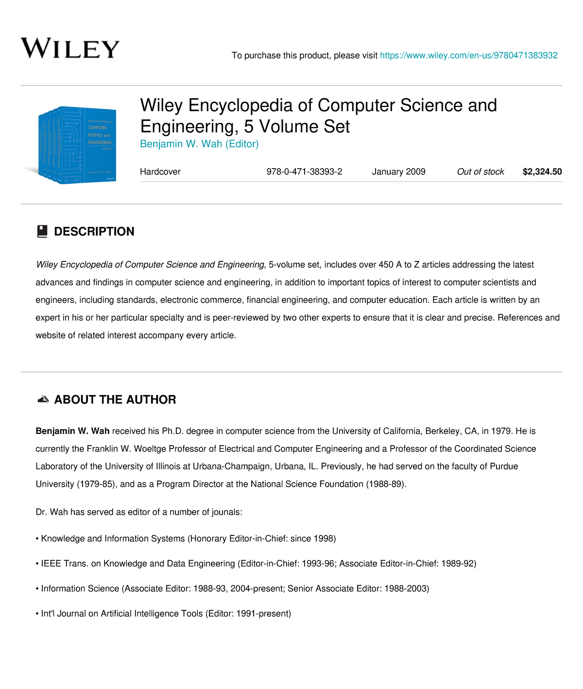 Wiley Wiley Encyclopedia Of Computer Science And Engineering, 5 Volume ...