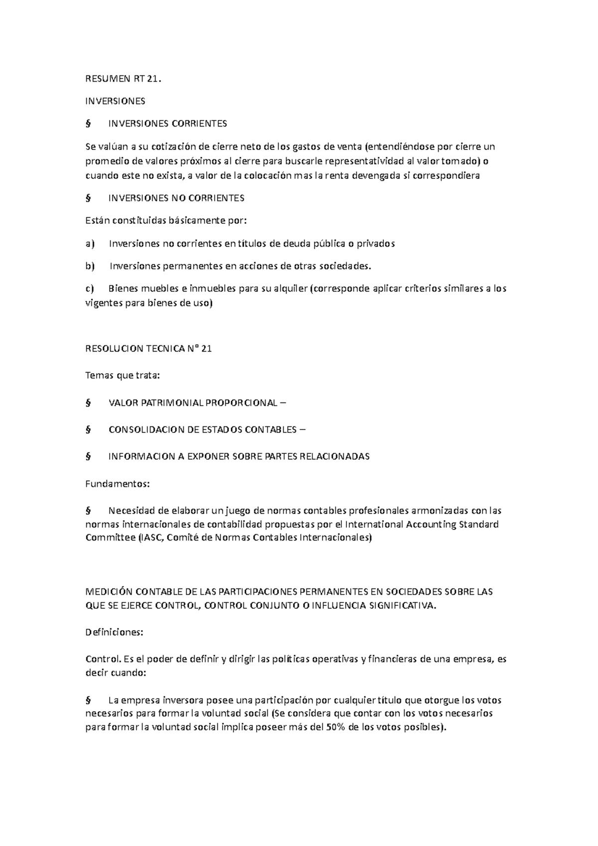 Resumen RT 21 RESUMEN RT 21. INVERSIONES § INVERSIONES CORRIENTES Se