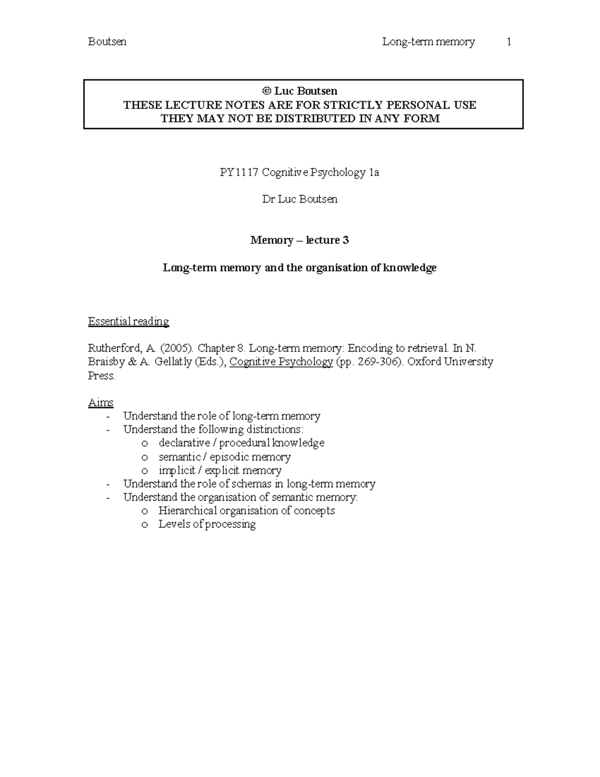 Notes Memory 03 lecture 7 Boutsen Longterm memory © Luc Boutsen