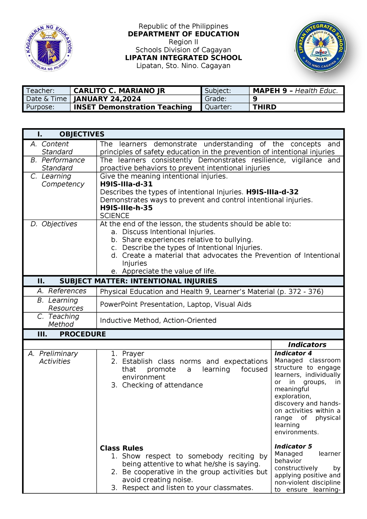 3rd quarter Health COT DLL 1 - Republic of the Philippines DEPARTMENT ...