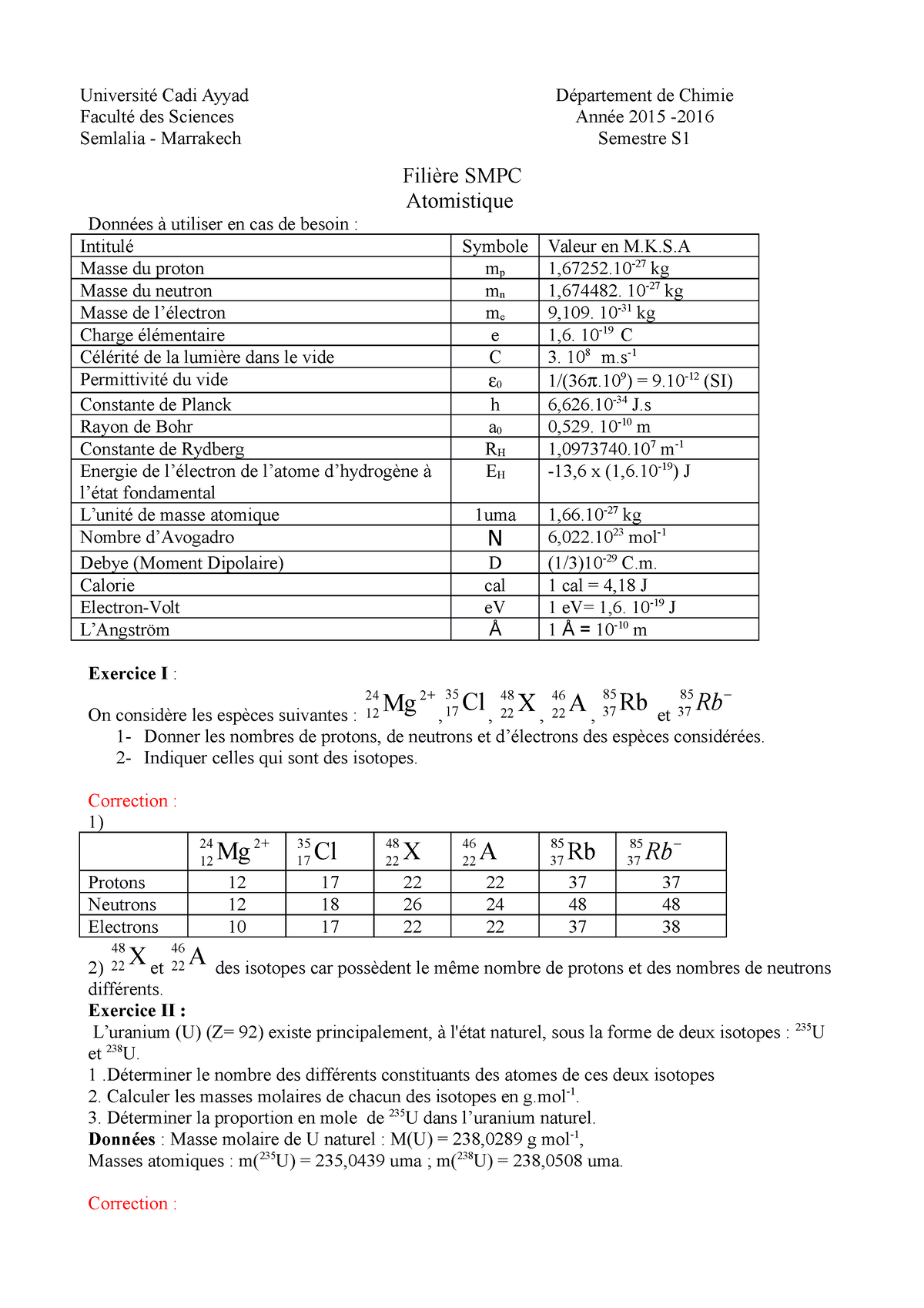 Exos Atomistique Corr - TD Atomisme - ####### Université Cadi Ayyad ...