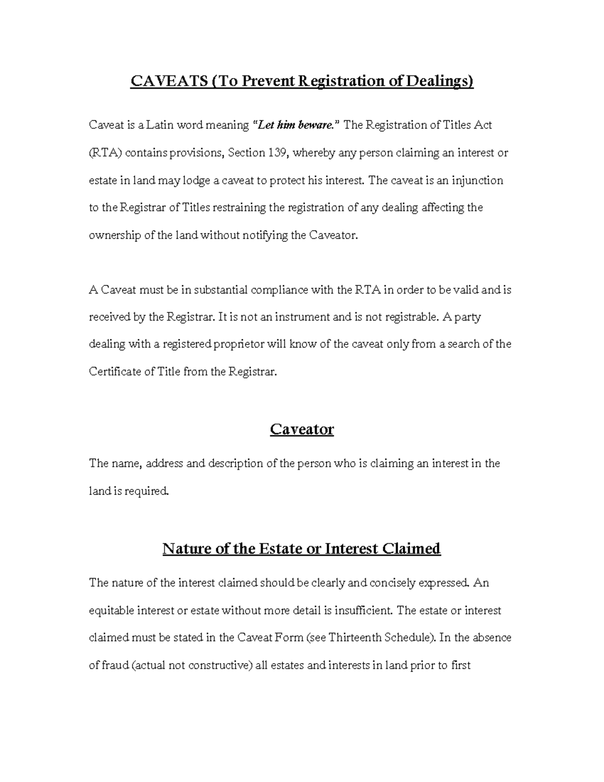 Caveats 2 - CAVEATS (To Prevent Registration of Dealings) Caveat is a ...