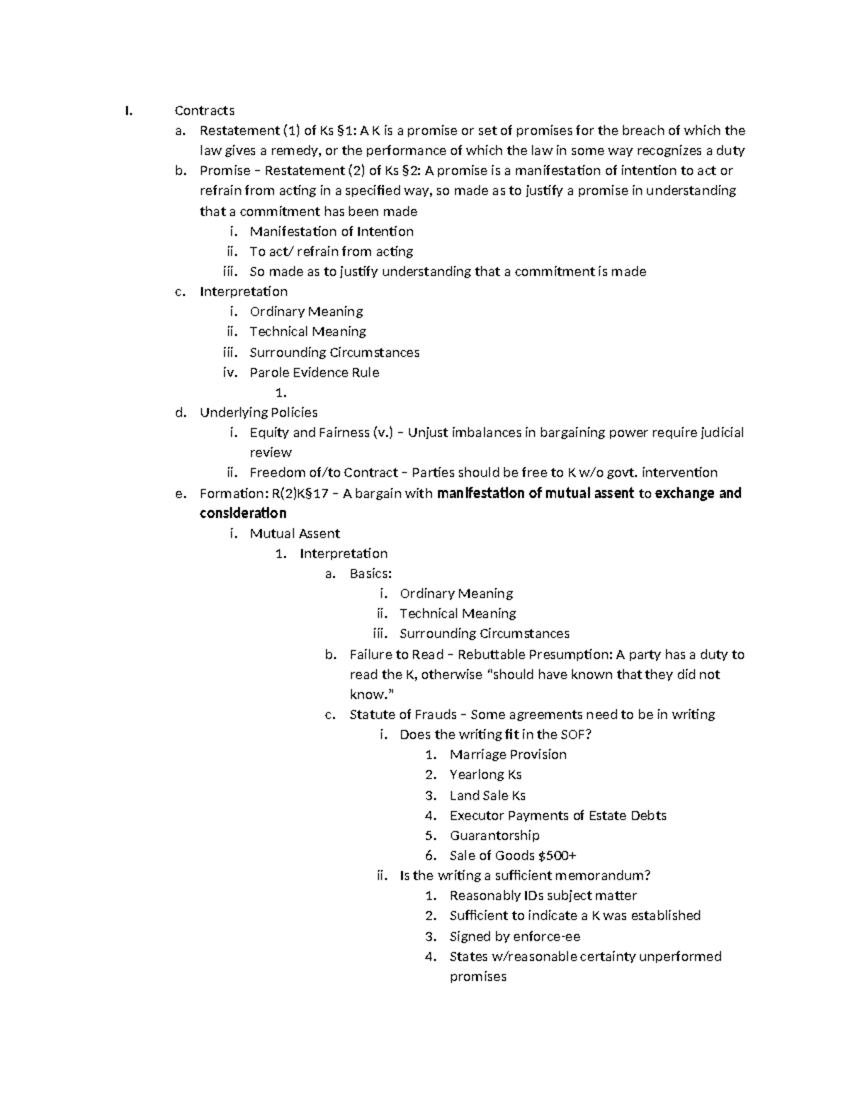 Contracts - Outline Summary - I. Contracts a. Restatement (1) of Ks §1 ...
