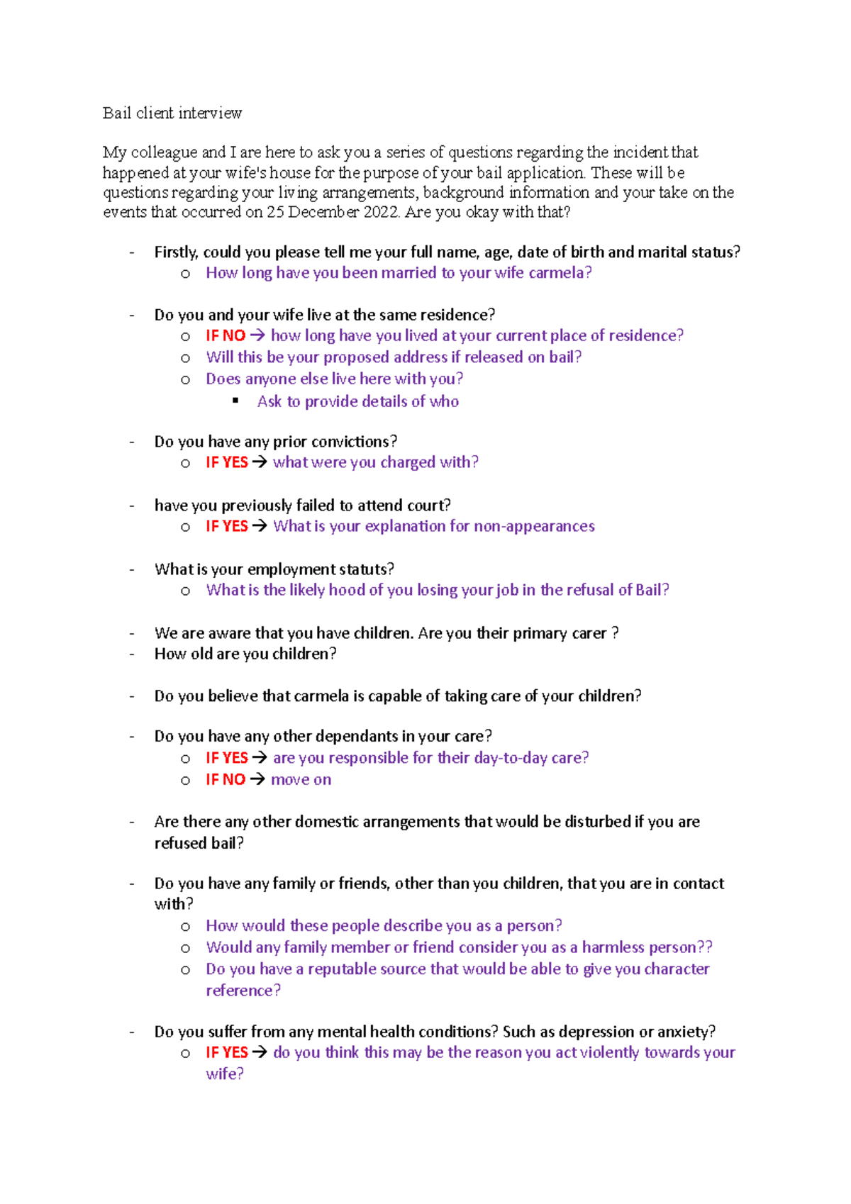 Bail client interview - These will be questions regarding your living ...