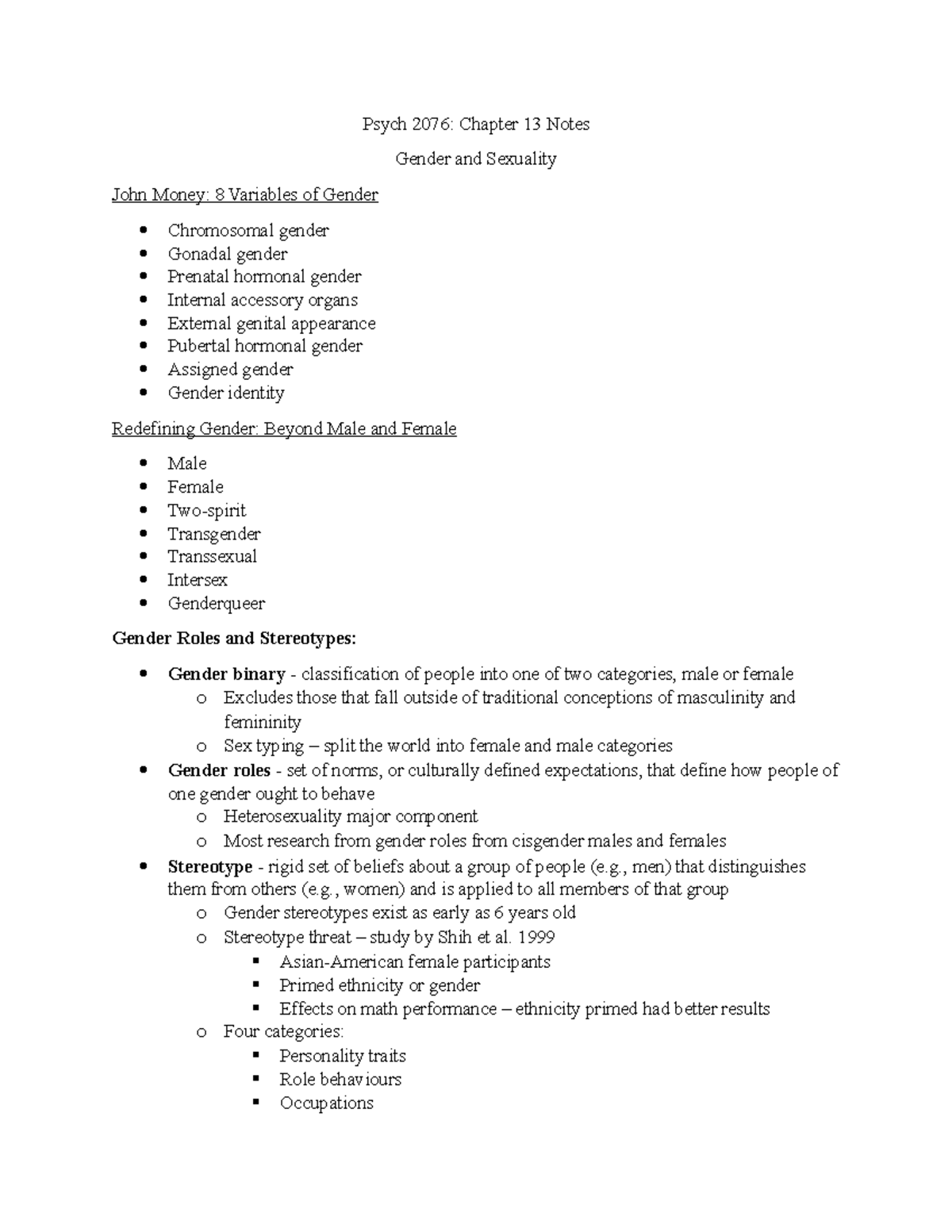 Psych 2076 Chapter 13 Notes - Psych 2076: Chapter 13 Notes Gender and ...