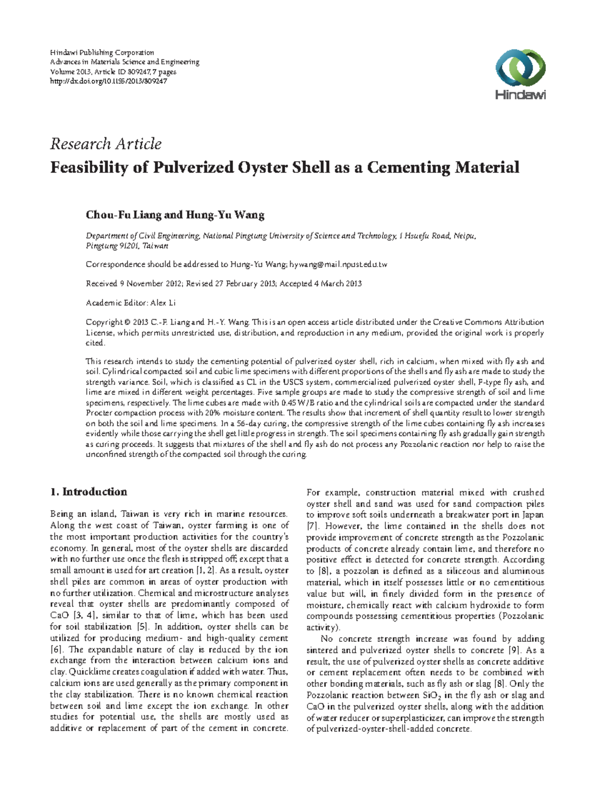Feasibility of Pulverized Oyster Shell as a Cementing Material