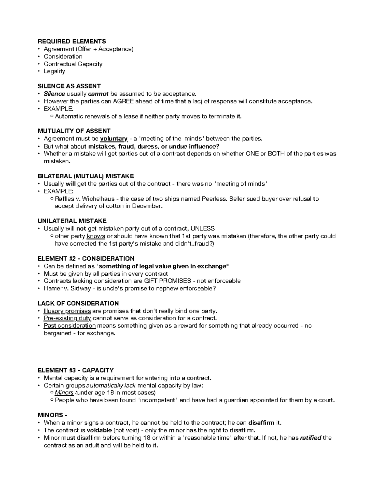 Chapter 7 Contract Formation - REQUIRED ELEMENTS Agreement (Offer ...