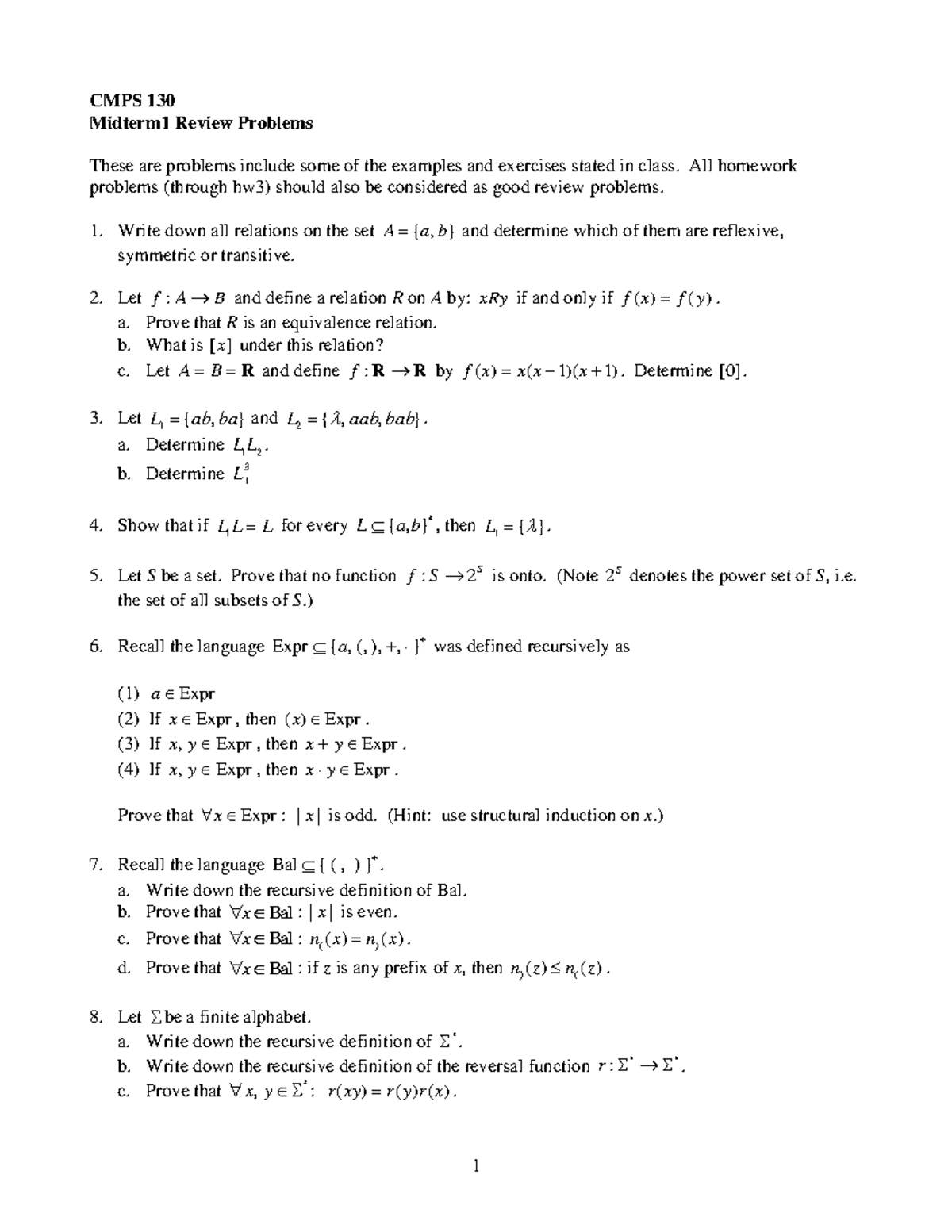 Midterm 1review All Homework Problems Through Hw3 Should Also Be Considered As Good Review Studocu