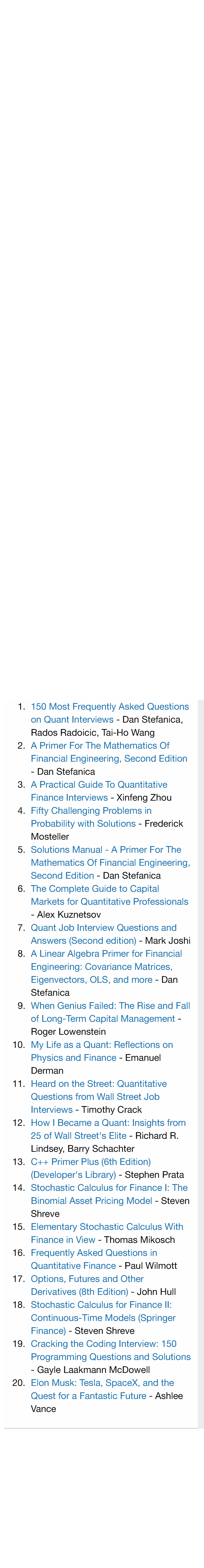 Top 20 Quant Books Recommendation - 150 Most Frequently Asked