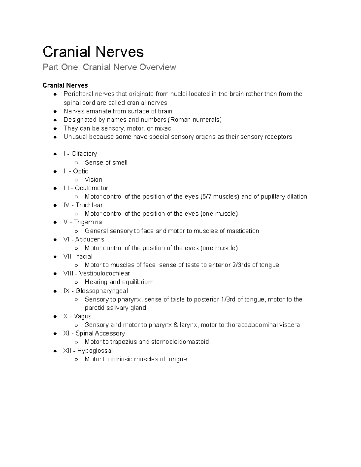 W9 Cranial Nerves - Cranial Nerves Part One: Cranial Nerve Overview ...