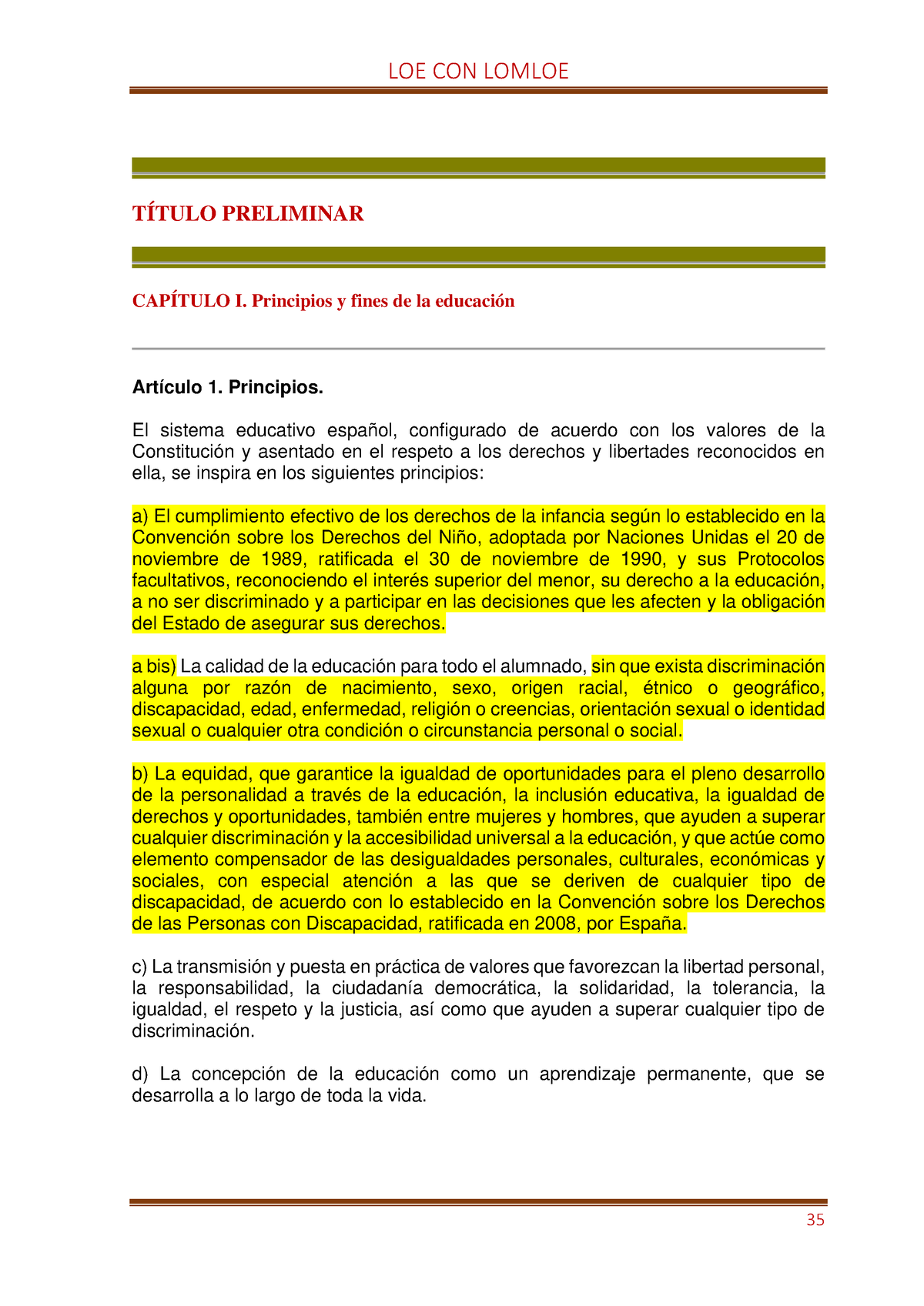 3. Titulo preliminar - LOMLOE - TÍTULO PRELIMINAR CAPÍTULO I. Principios y  fines de la educación - Studocu