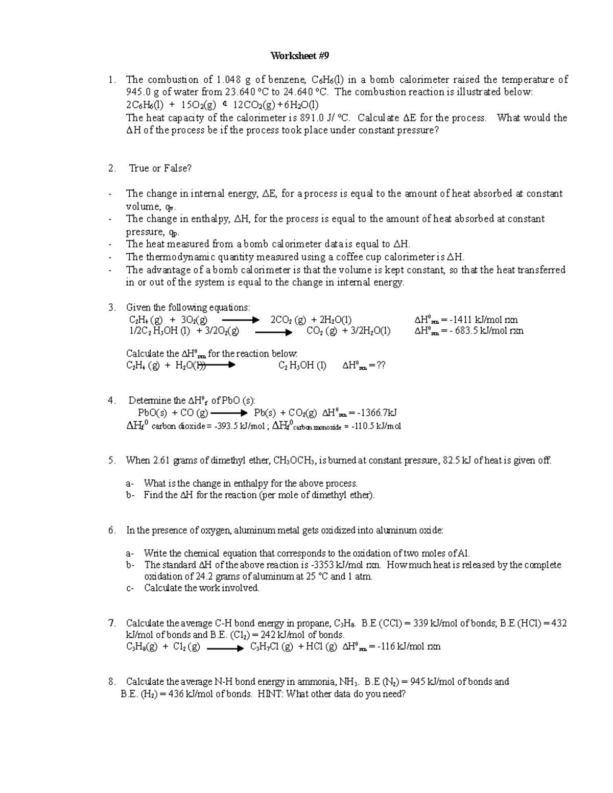 Worksheet-9 - Thermodynamics practice problems - Worksheet # 1. The ...