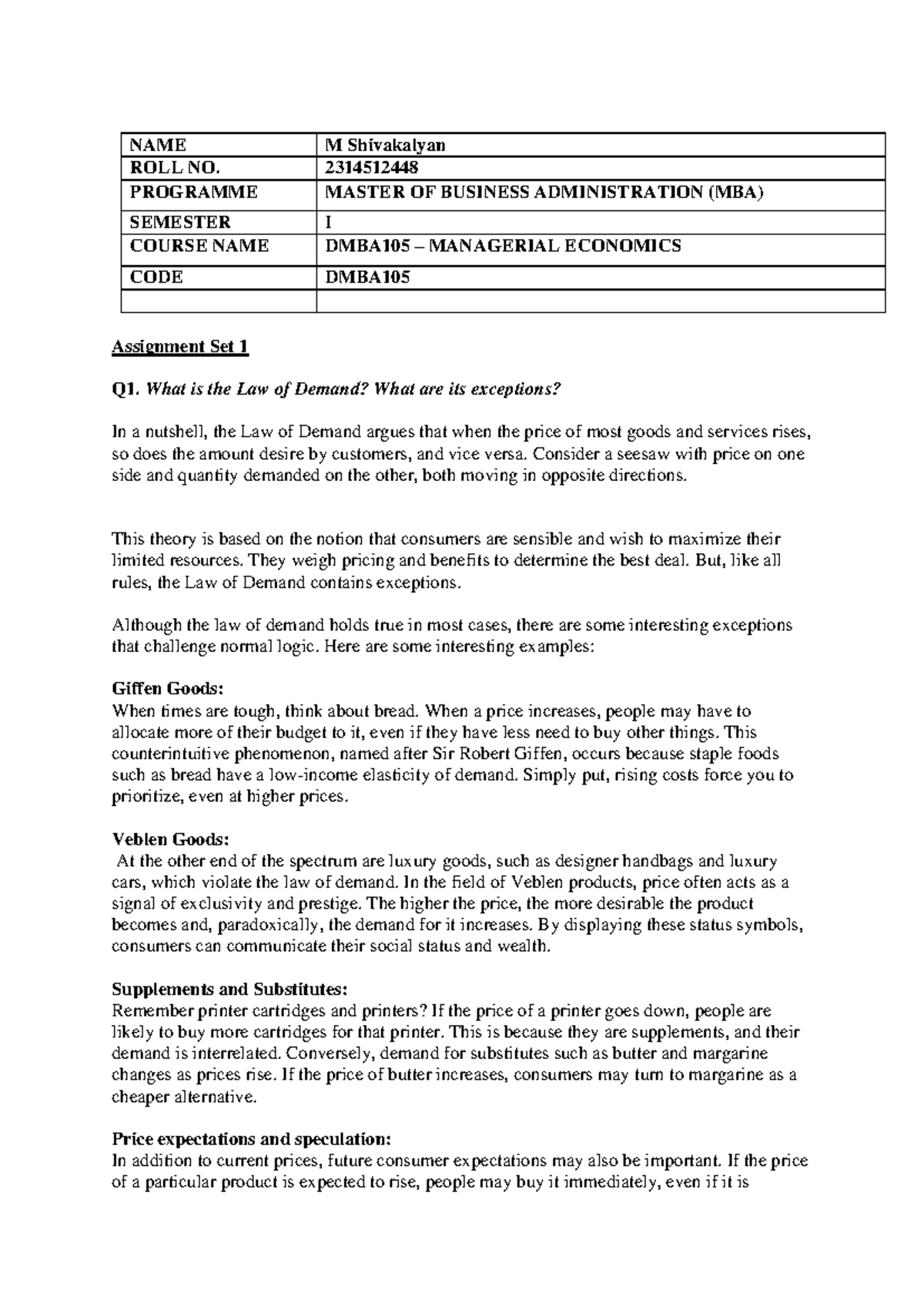 Assignment DMBA105 MBA 1 Set-1 and 2 Aug - NAME M Shivakalyan ROLL NO ...