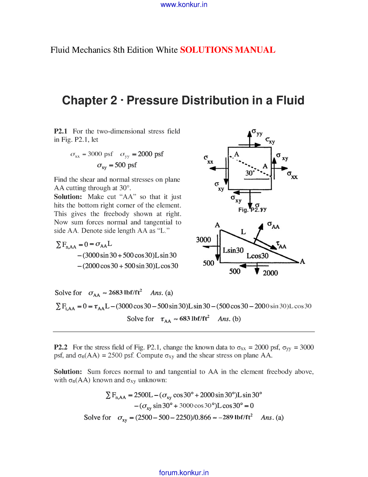유체역학 8판 솔루션 - 유체역학 8판 솔루션 - Fluid Mechanics 8Th Edition White Solutions  Manual Chapter 2 • Pressure - Studocu