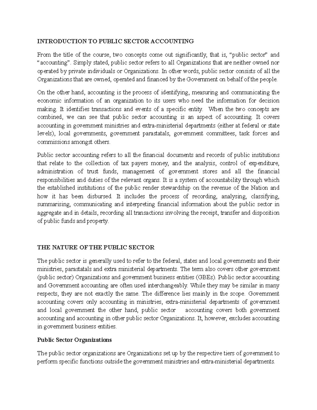 Public Sector Accounting INTRODUCTION TO PUBLIC SECTOR ACCOUNTING