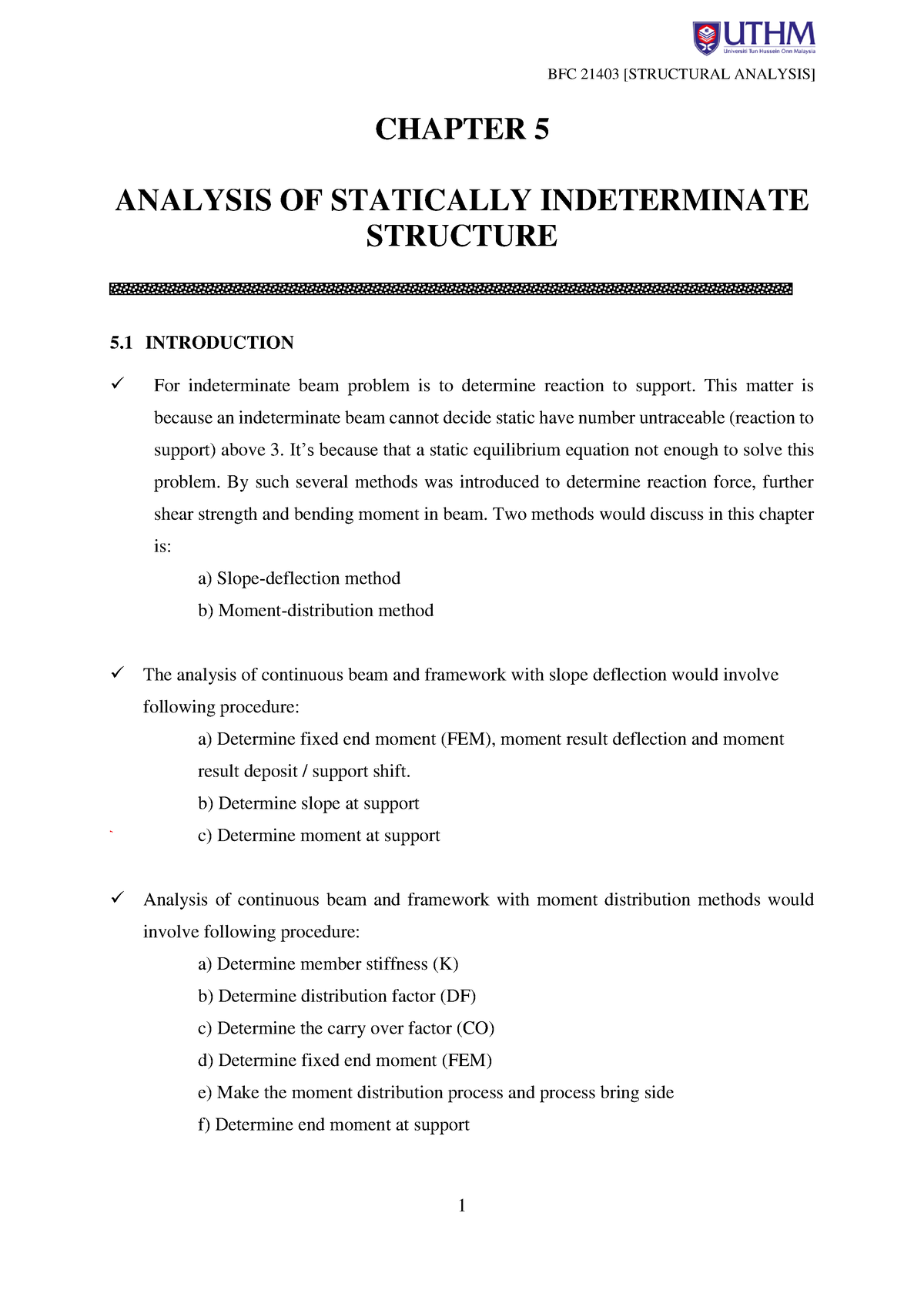 Chapter 5-staticallyindeterminatestructure - CHAPTER 5 ANALYSIS OF ...