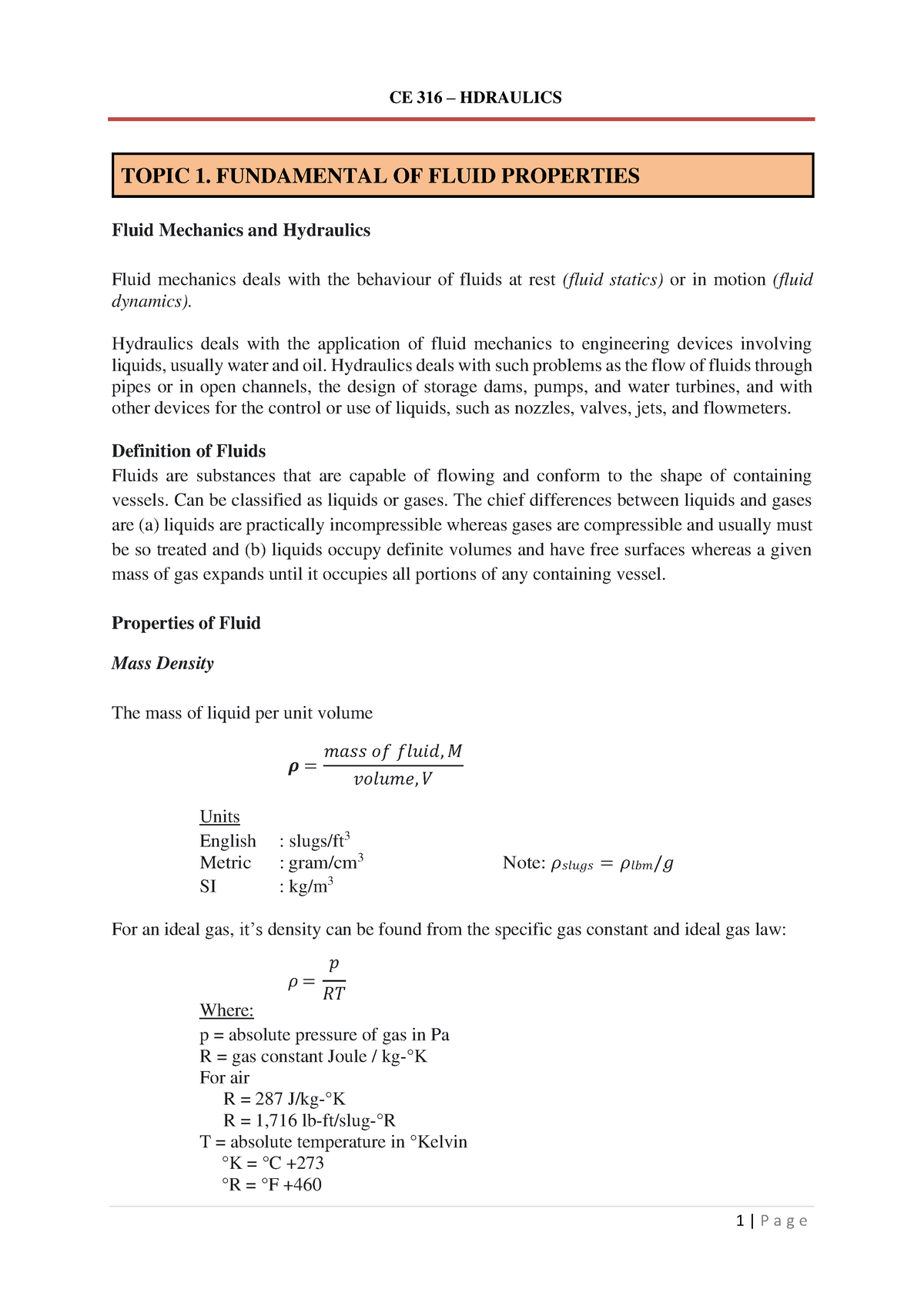 [CE316] Hydraulics - STUDY WELL! - TOPIC 1. FUNDAMENTAL OF FLUID ...