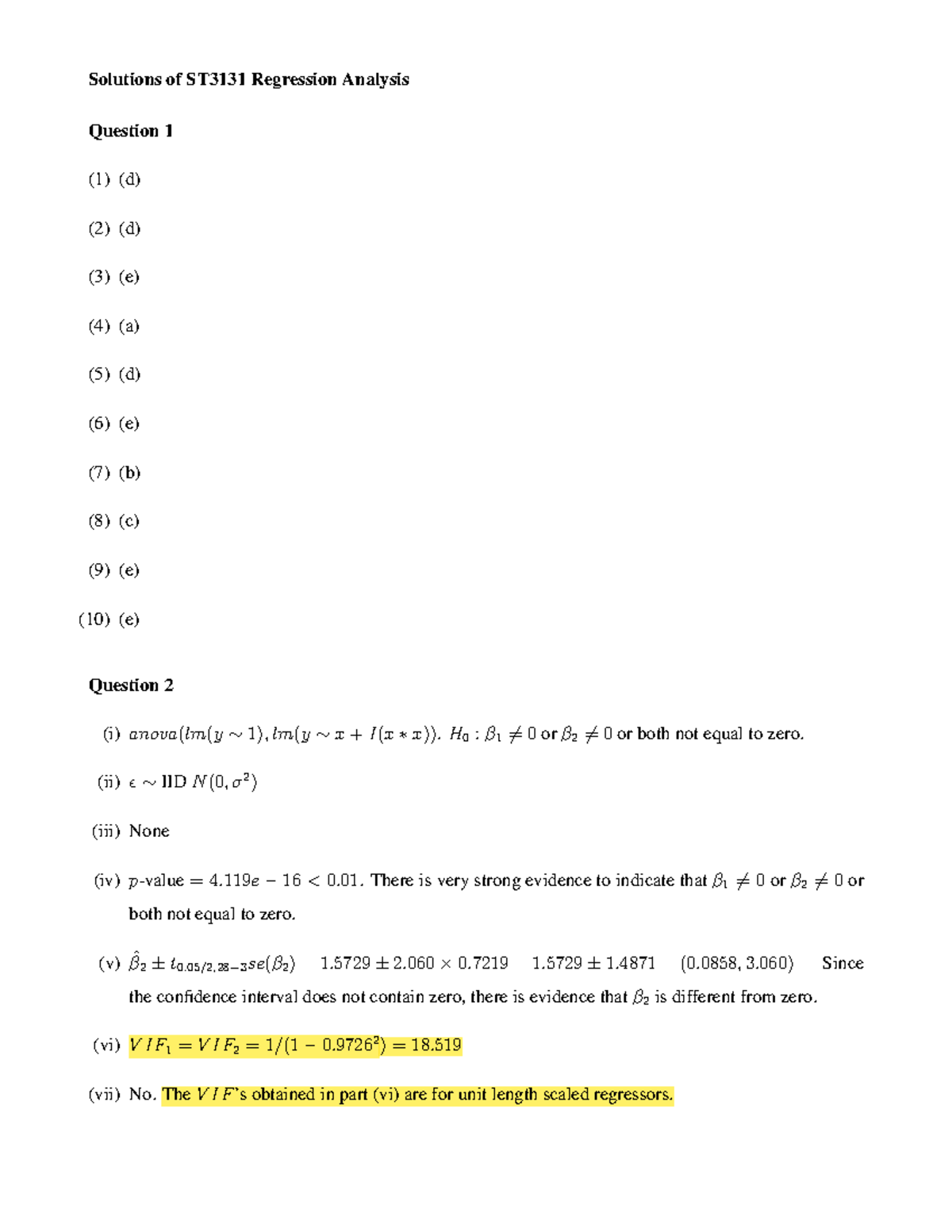 2018 st3131 final solutions - Solutions of ST3131 Regression Analysis ...