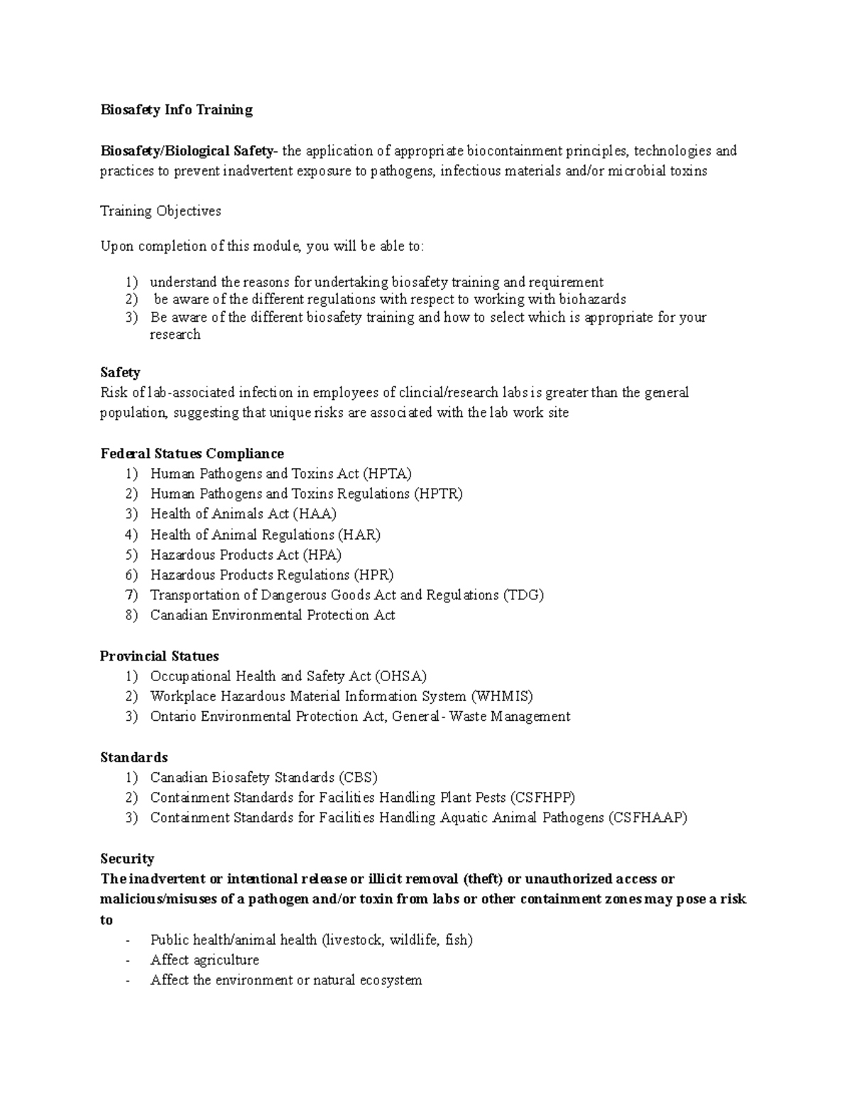 Safety Class Training - Biosafety Info Training Biosafety/Biological ...