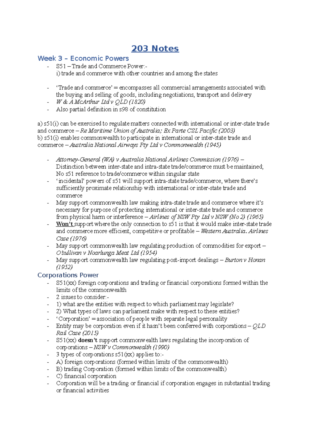 LLB203 Notes - 203 Notes Week 3 – Economic Powers S51 – Trade and ...