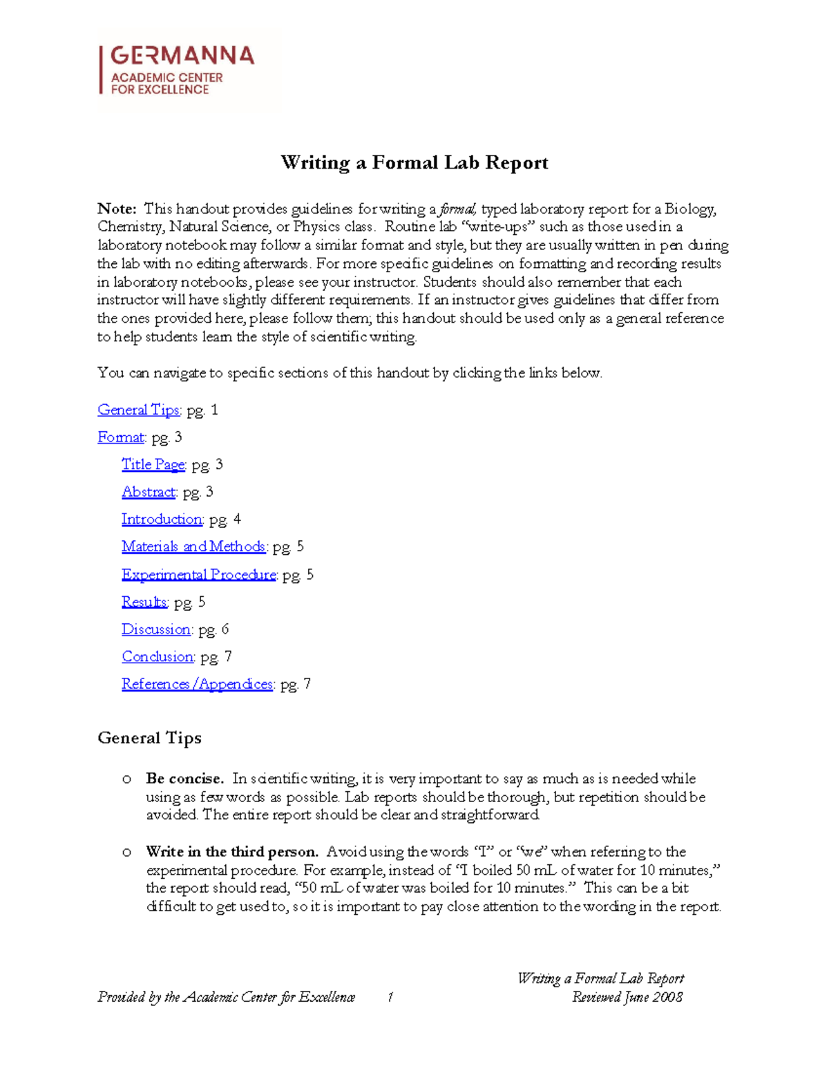 Writing a Formal Lab Report - Writing a Formal Lab Report Provided by ...